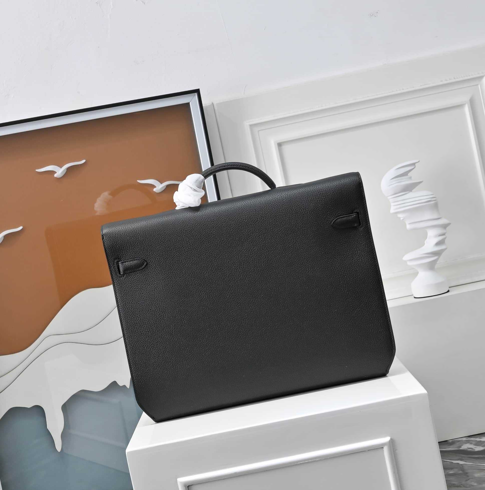 Hermes Kelly depeches Togo 36 briefcase In Black Silver Metal CalfskIn WAX High