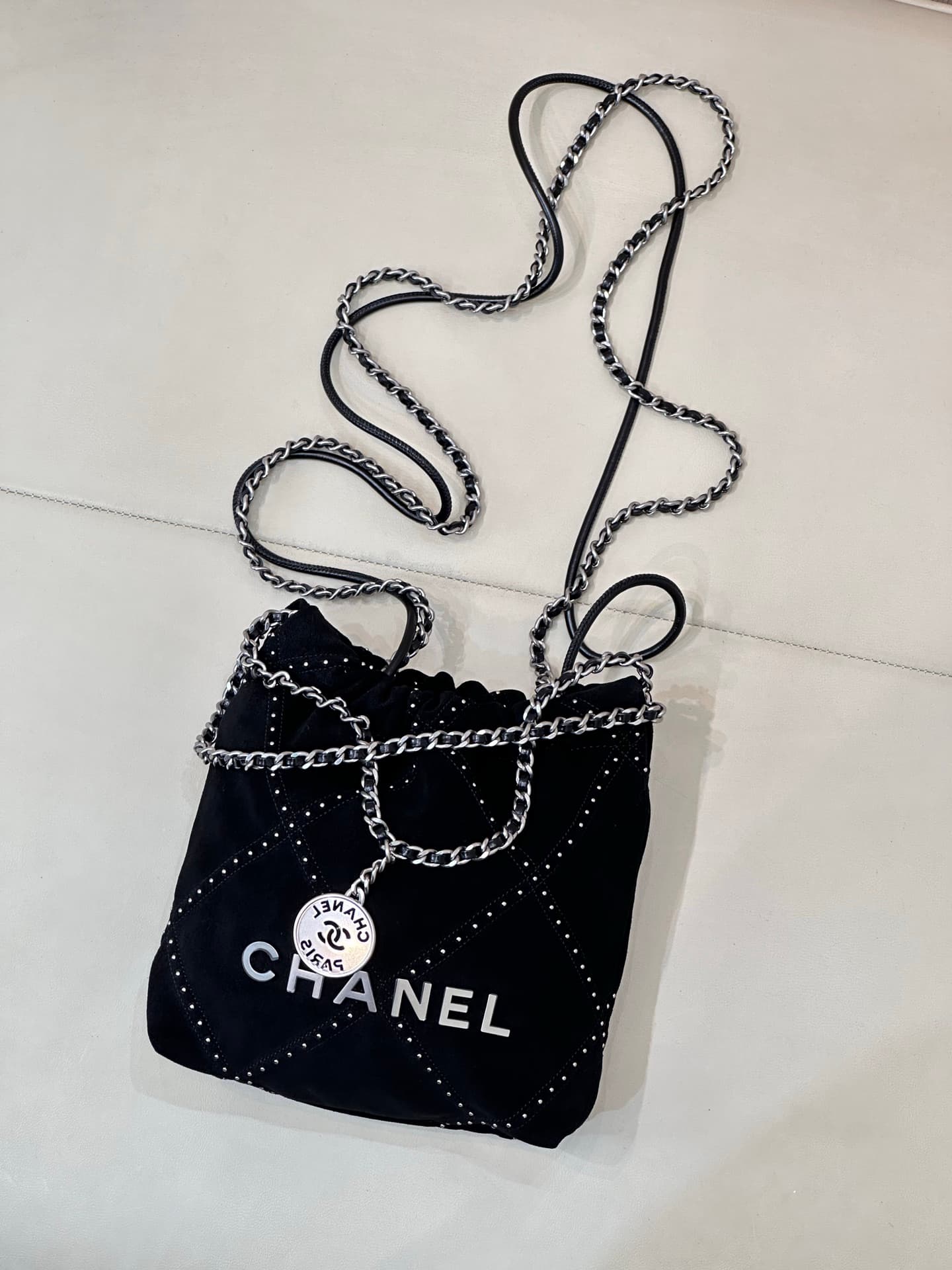 Chanel 22 MINI HANDBAG Suede Black &Silver-Tone Metal AS3980 TOP