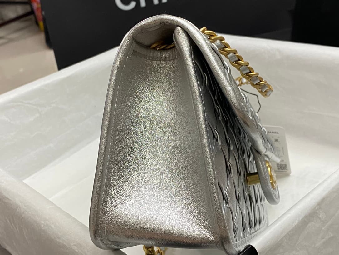 Chanel Small Flap Bag Metallized Braided Calfskin & Gold-Tone Metal  Silver AS4797 High