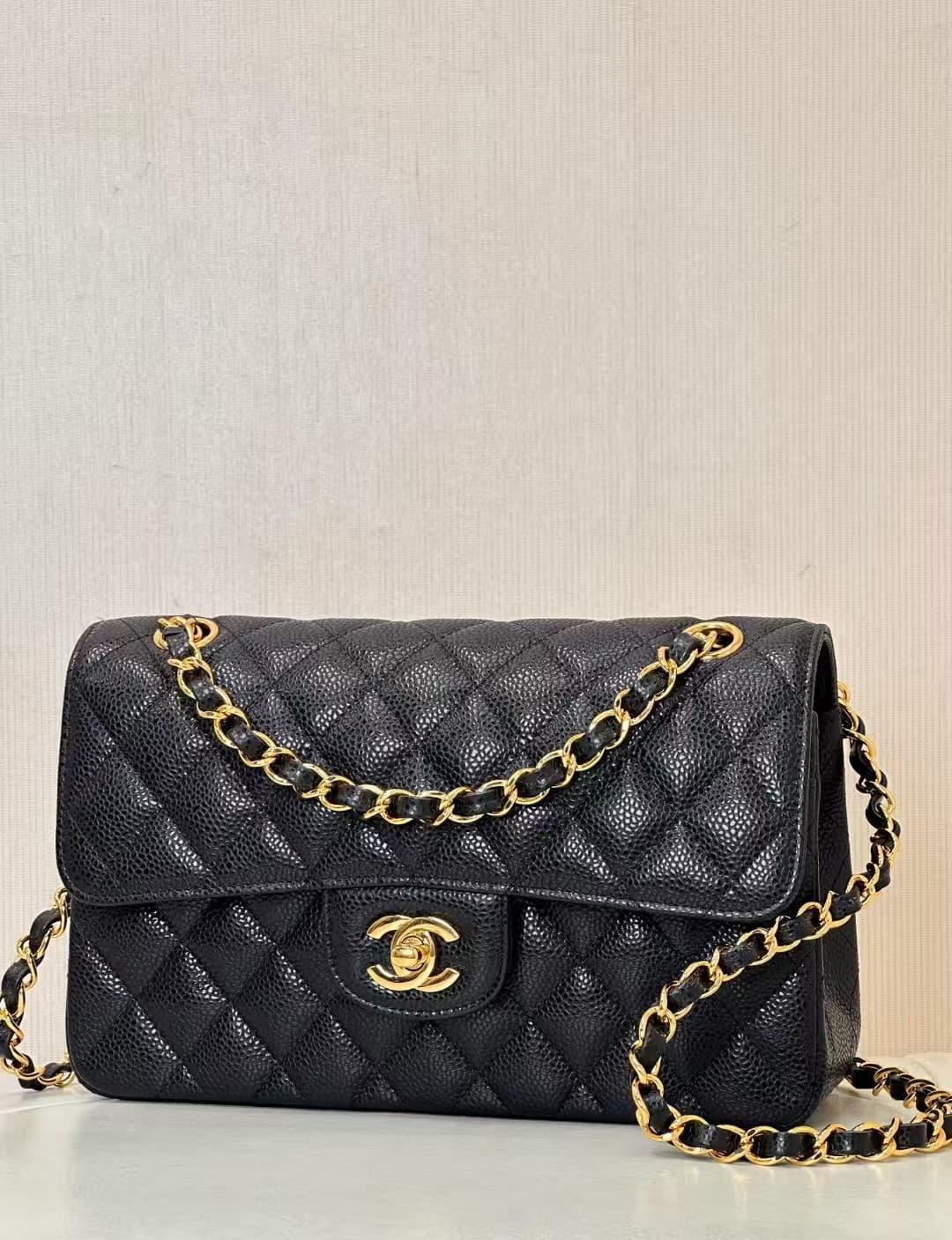 Chanel Small Classic Handbag Grained Calfskin Black Gold Metal TOP
