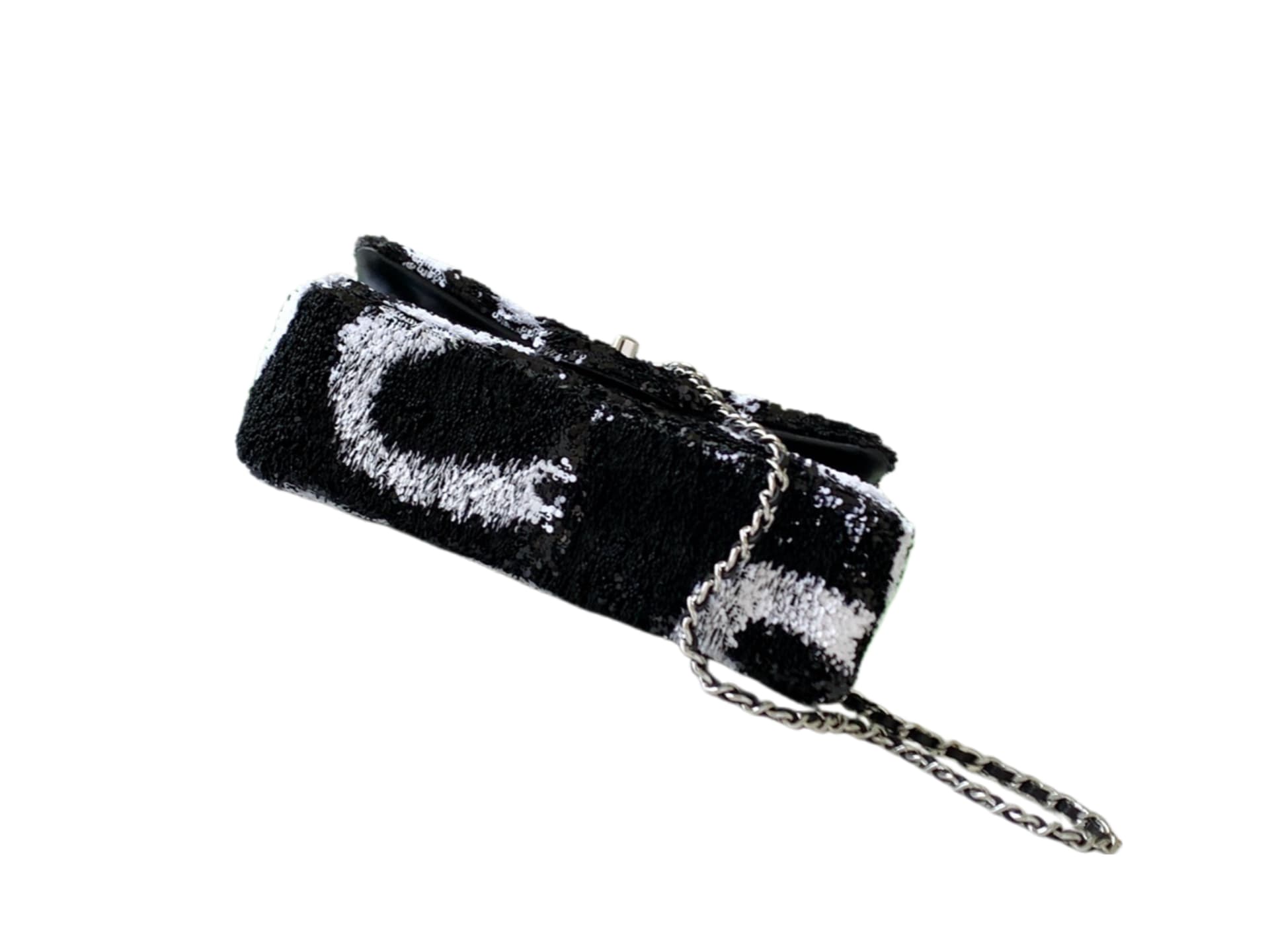 Chanel Classic Mini Flap Bag Sequins Embroidery & Gold-Tone Metal Black White 6171 A