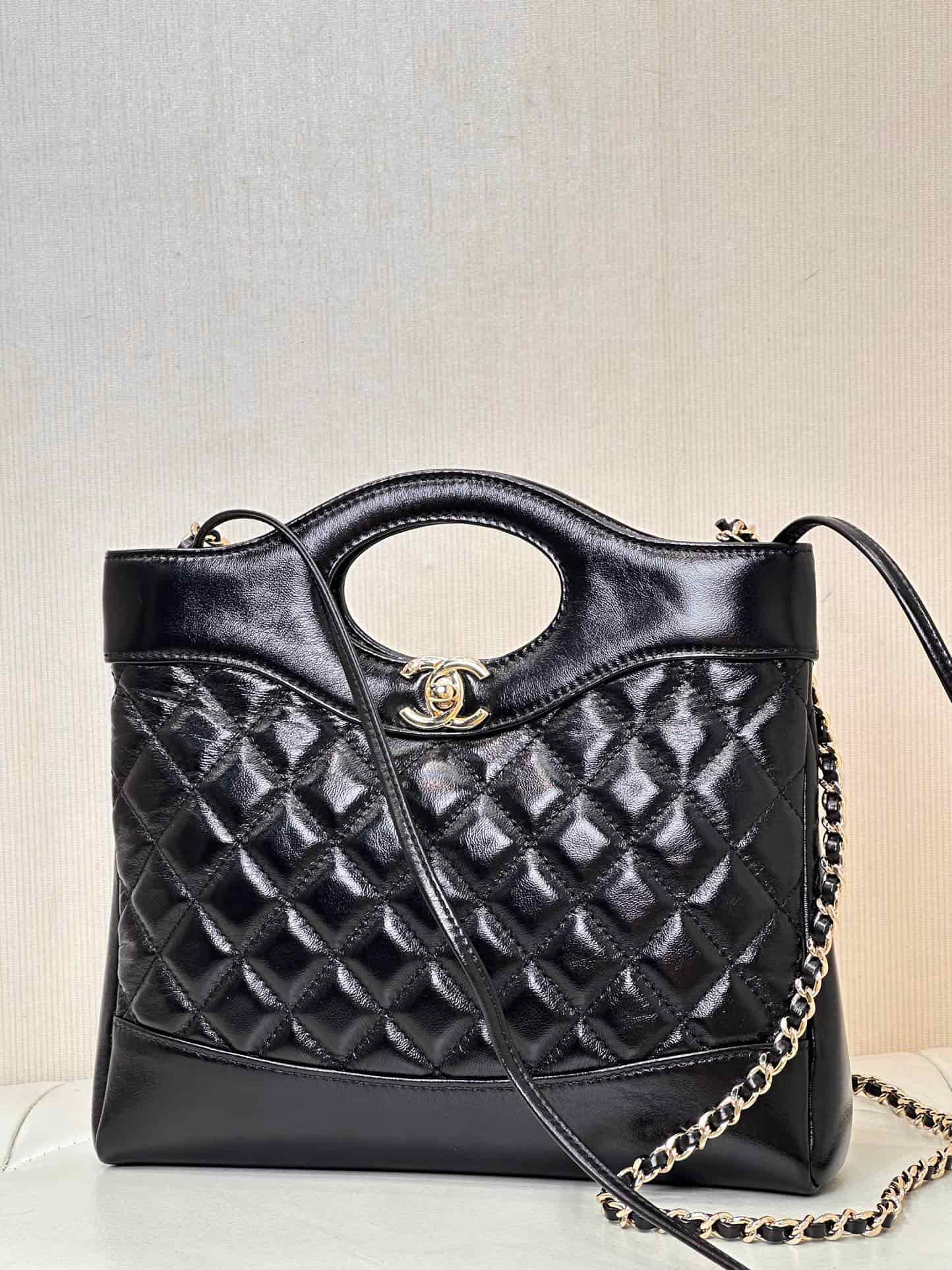 CHANEL 31 Mini Shopping Bag Shiny Calfskin & Gold-Tone Metal AS4133 Black TOP