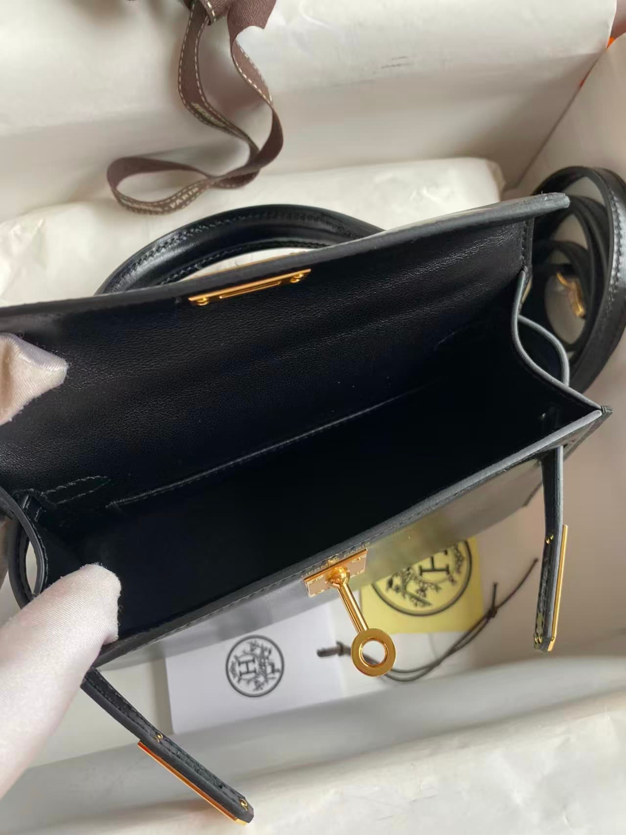 Hermes Kelly Mini II Bag Box Leather WAX Silver/Gold Metal Black High