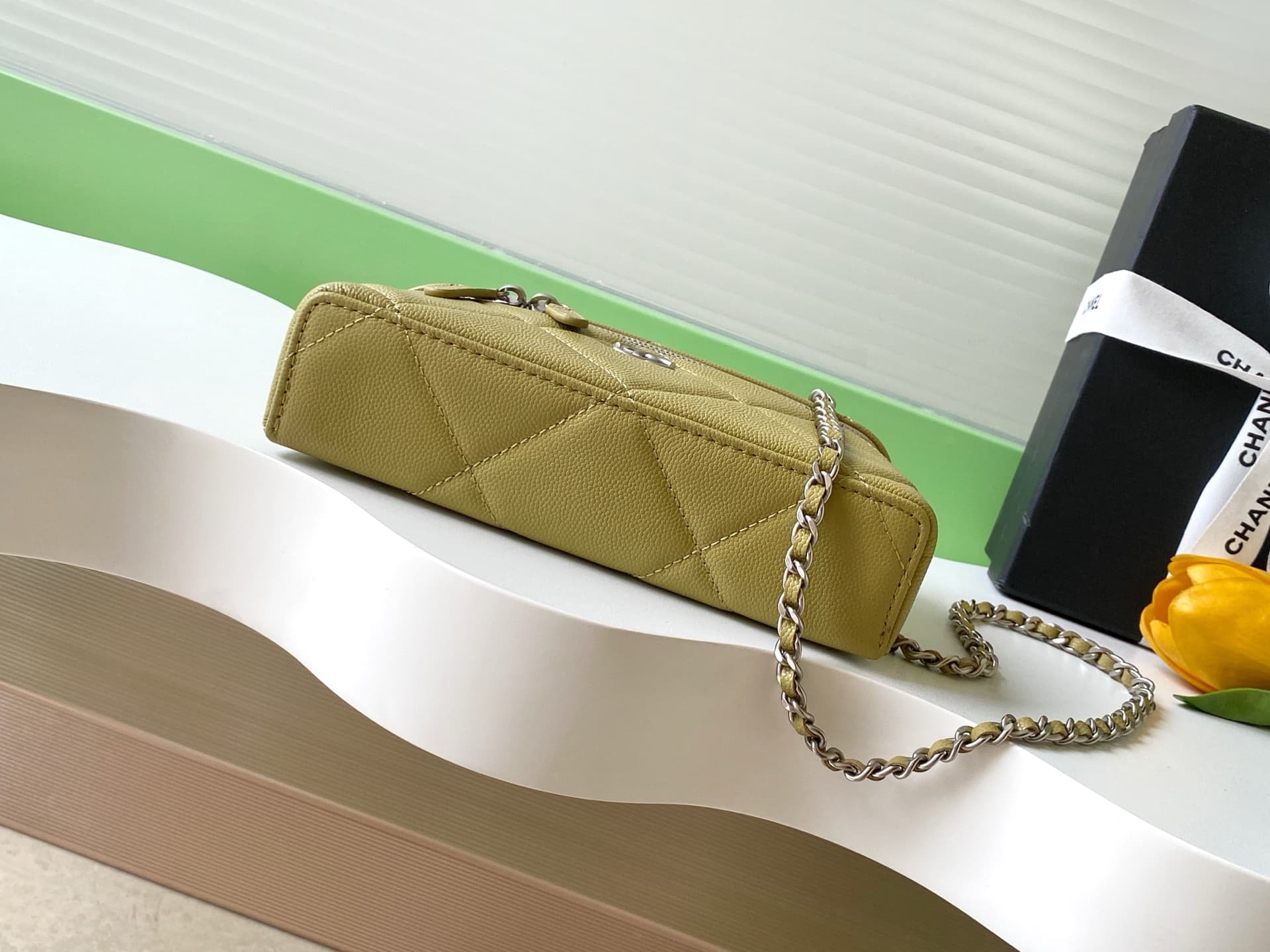 Chanel Vanity with Chain Grained Shiny Calfskin & Silver-Tone Metal Yellow AP4936 A
