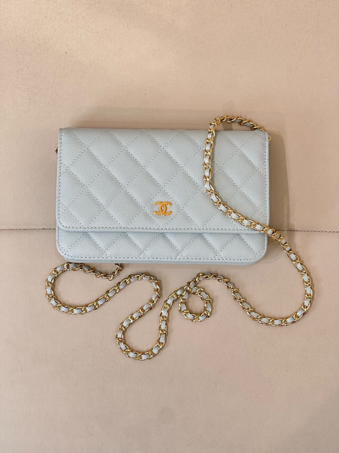 Chanel Wallet on Chain Grained Calfskin& Gold-tone Metal AP0250 Light Blue TOP