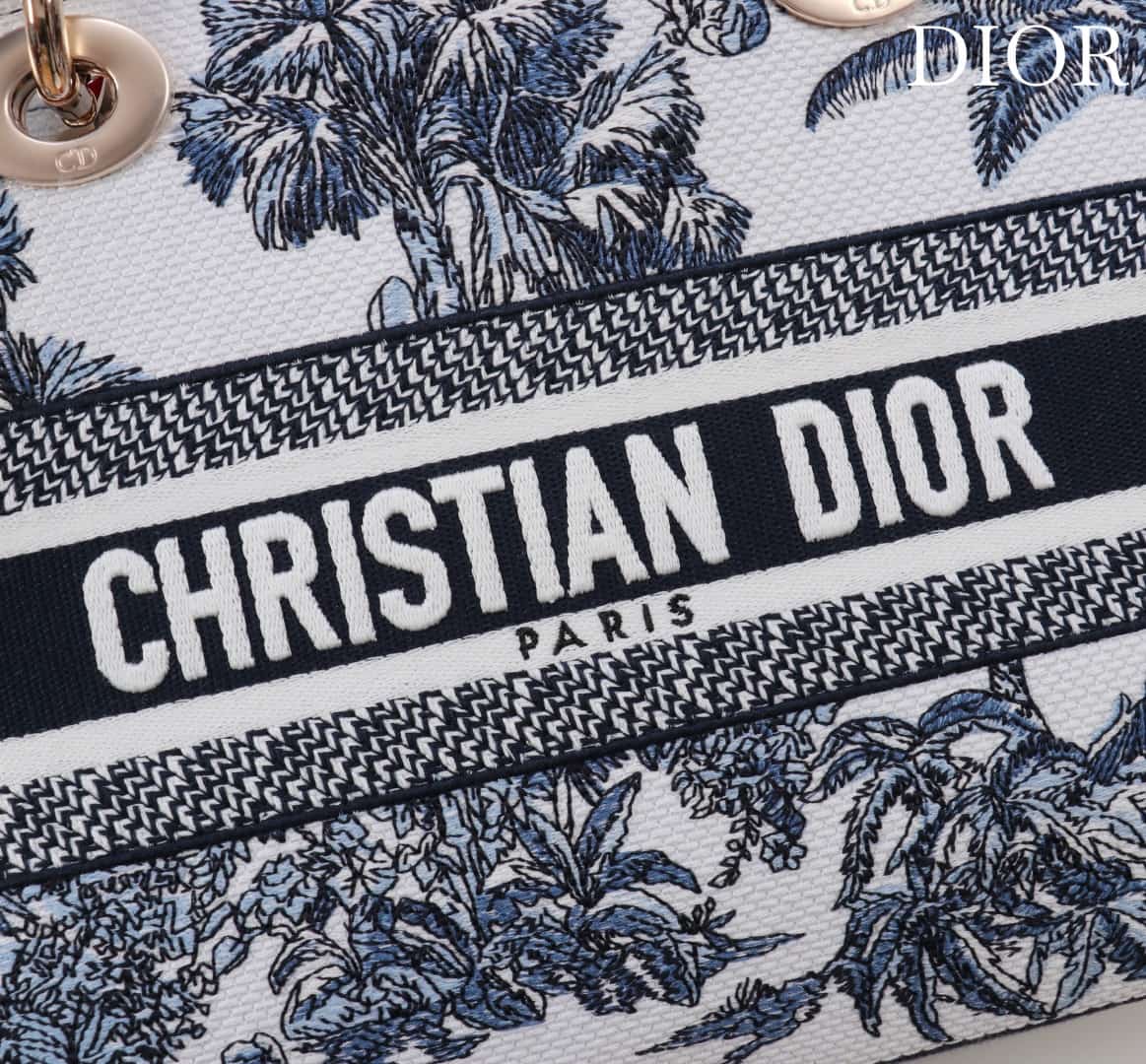 Medium Lady D-Lite Bag White and Navy Toile de Jouy Palms Embroidery High