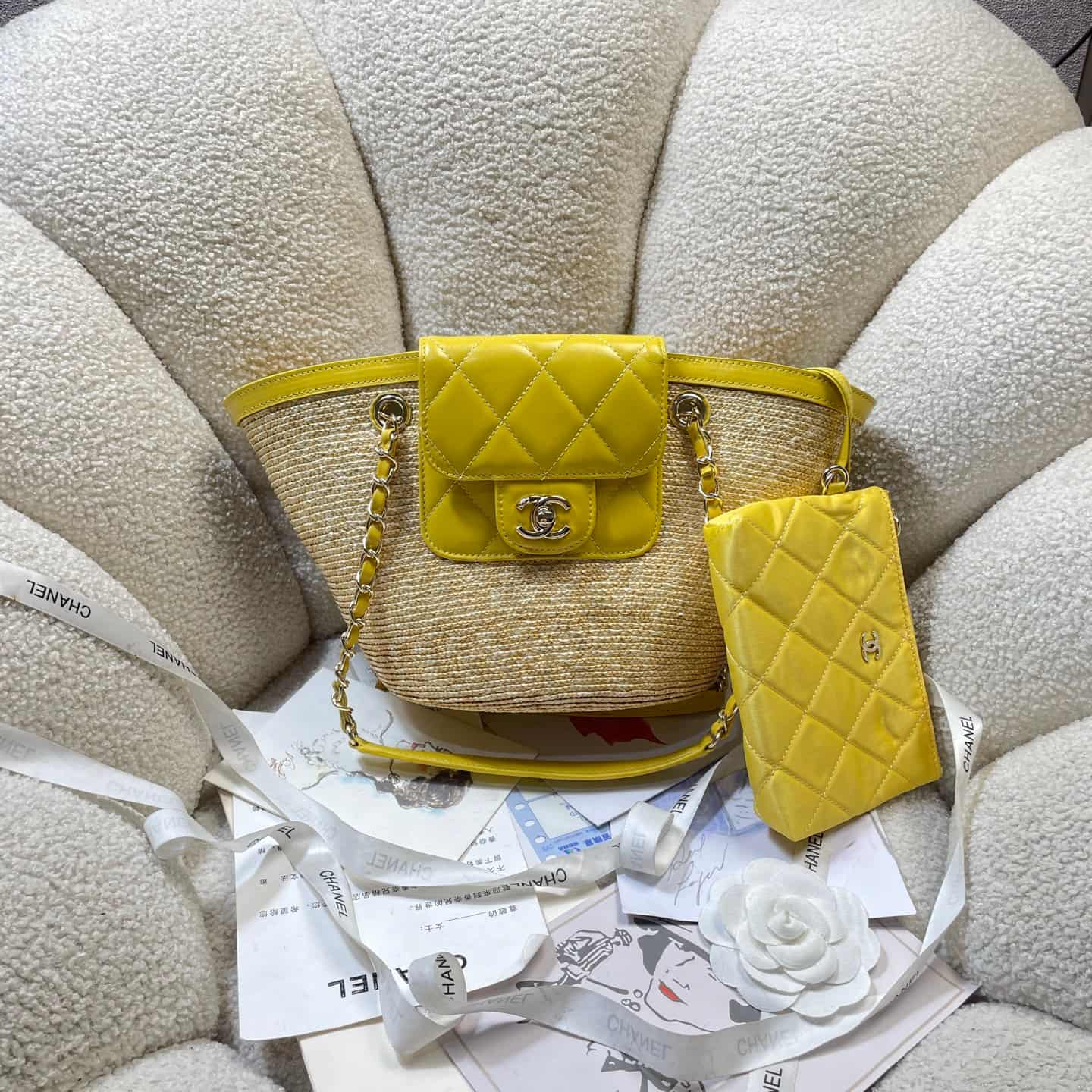 Chanel Coco Beach Small Shopping Bag Braided Straw Lambskin & Gold-Tone Metal Beige & Yellow AS5951 A