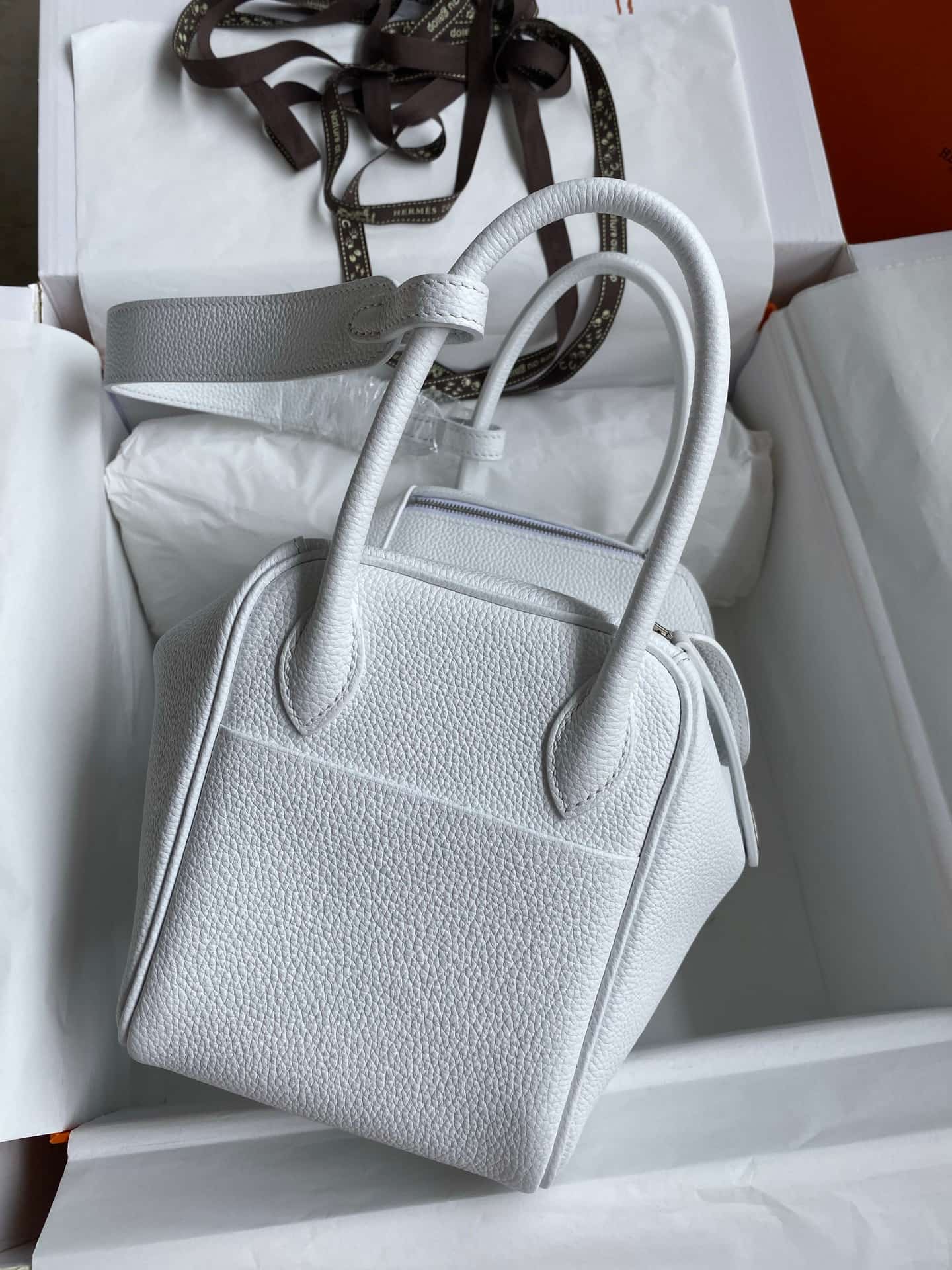 Hermes Lindy 19/26cm Bag Clemence Leather In Blanc Silver-Metal WAX High Customizing Style