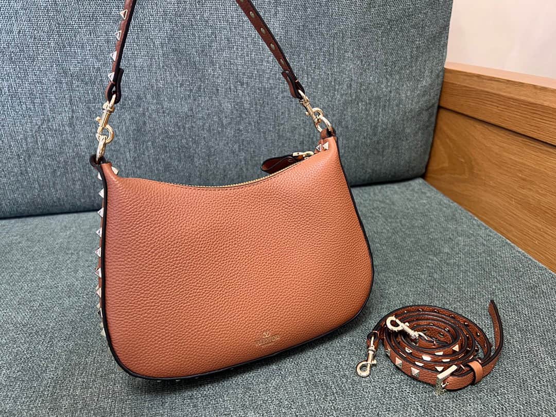 Valentino Garavani Rockstud Hobo bag in grainy brown calfskin high