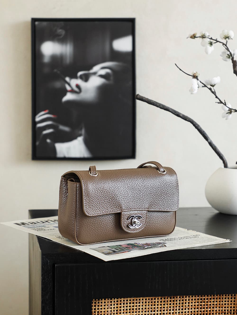 CHANEL Mini flap bag Grained Calfskin&Silver-tone metal Brown AS6573 A