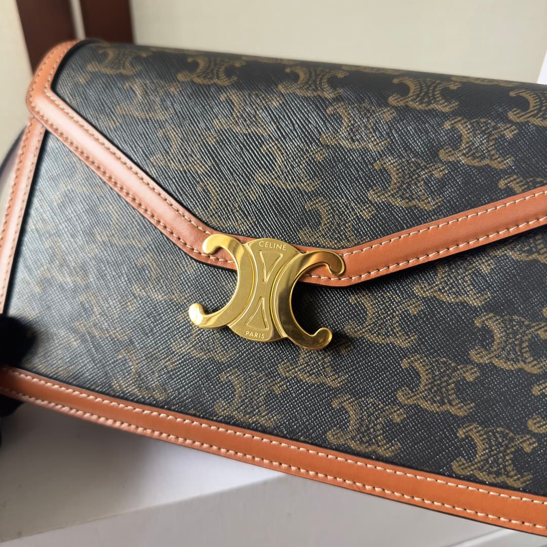 Celine Triomphe Canvas Envelope Crossbody Bag in Tan High