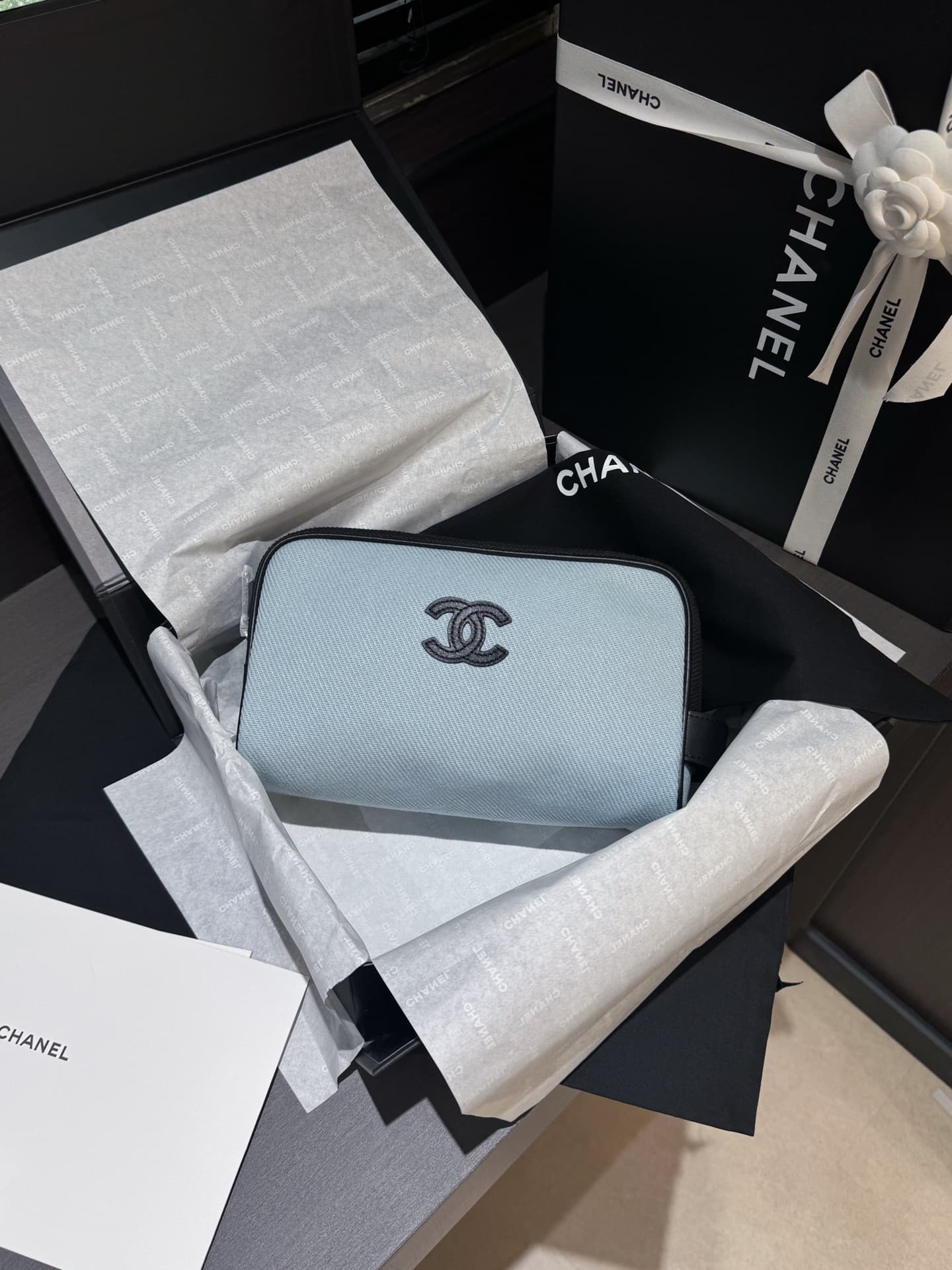 Chanel Small Zipped Pouch Canvas Calfskin Blue & Black AP5266 A
