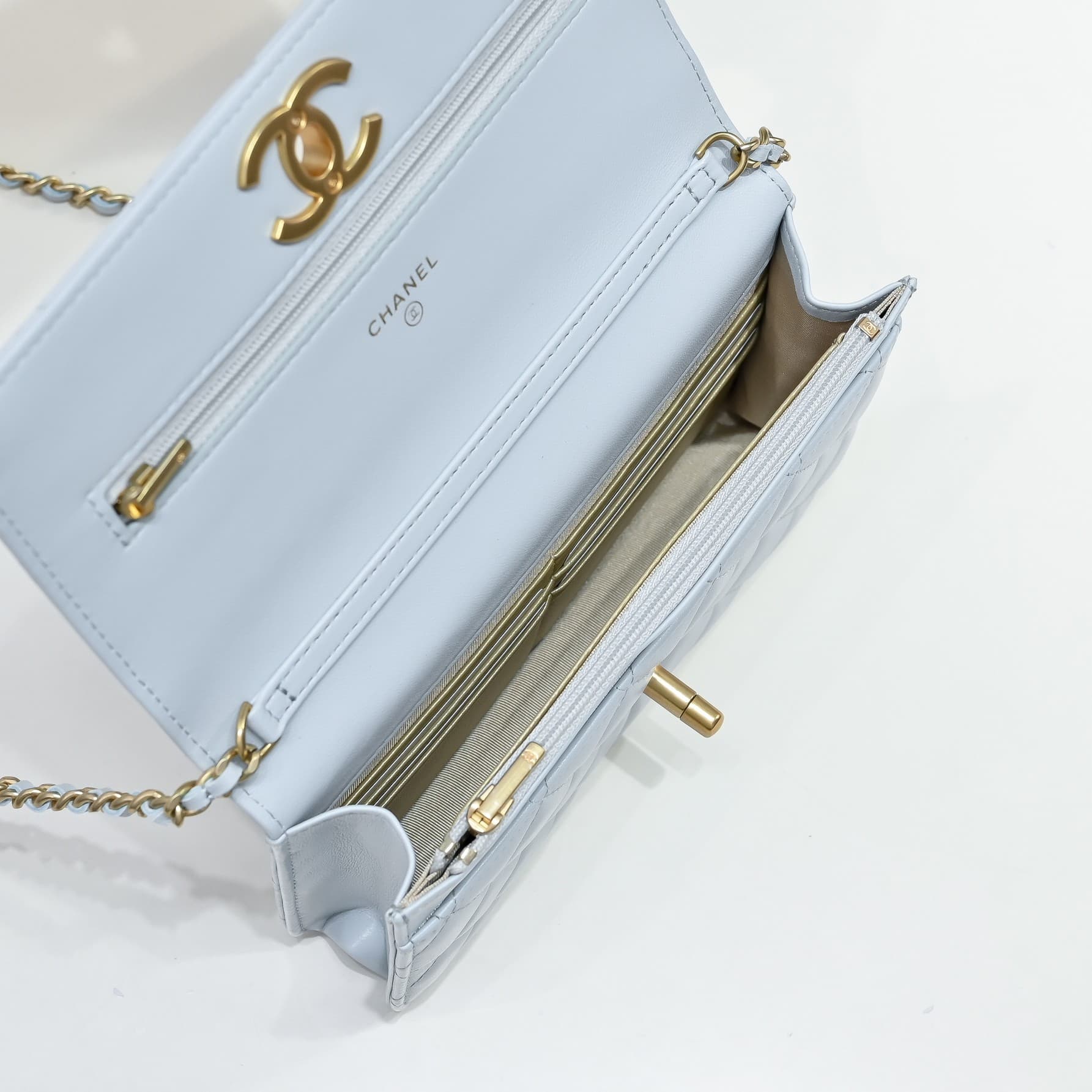 Chanel Wallet on Chain Quilted Leather  & Gold-Tone Metal Light Blue AP3938 High