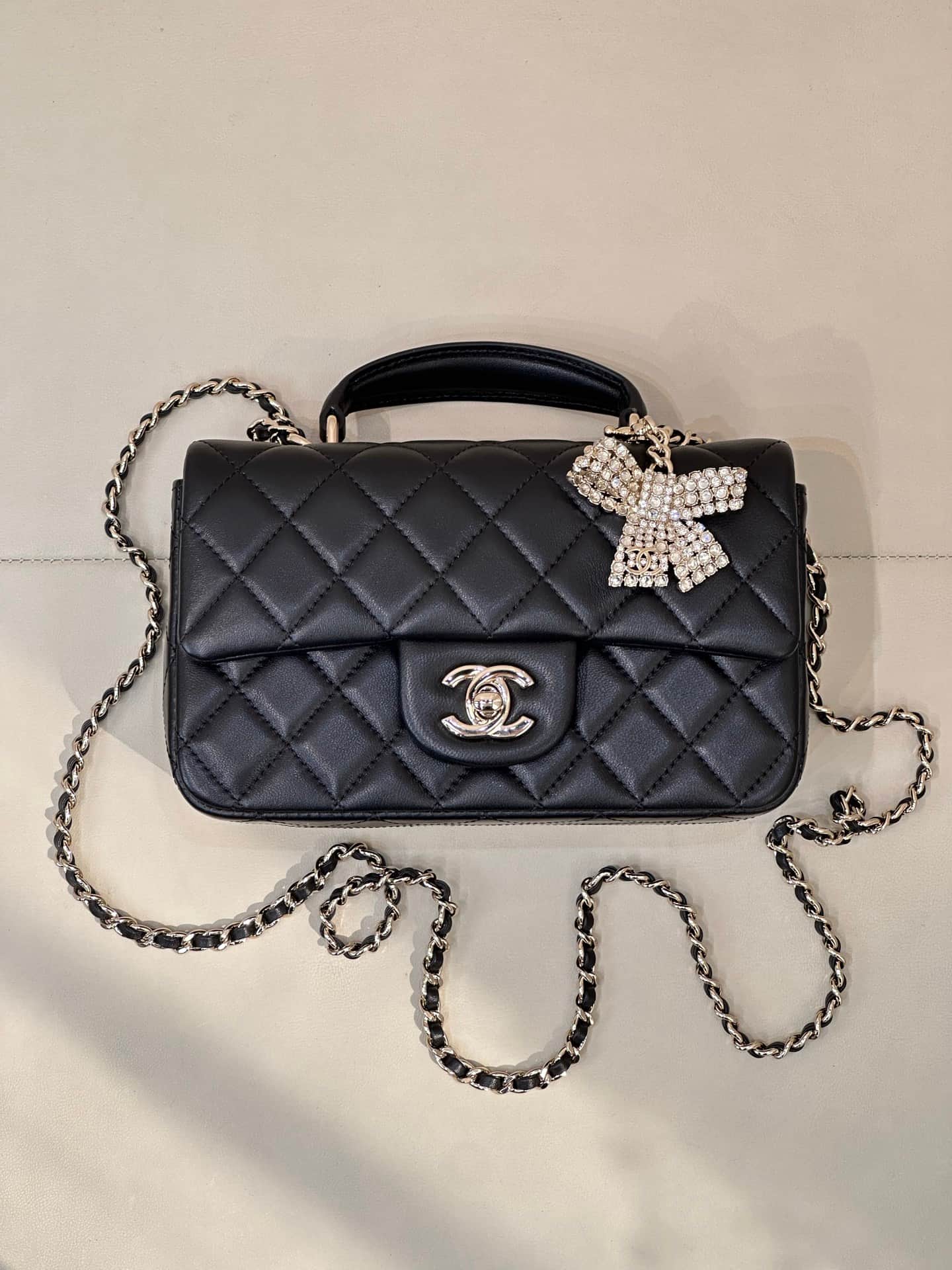 Chanel Mini Classic Handbag Lambskin Strass & Gold-Tone Metal AS2431 black TOP