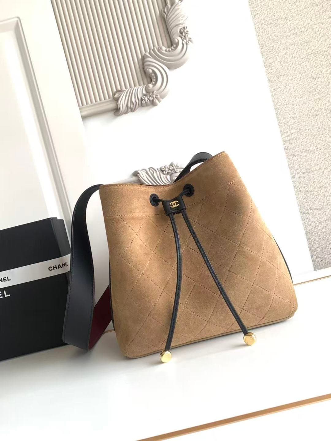 Chanel Small Bucket Bag Suede Calfskin & Gold-Tone Metal Dark Beige AS6584 A