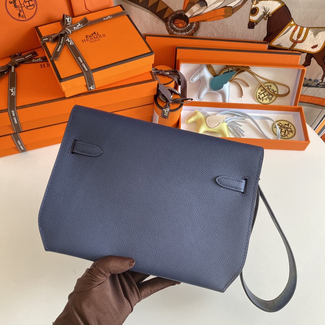 Hermes Kelly Depeches 25 Pouch Epsom Leather Bleu Saphir WAX High
