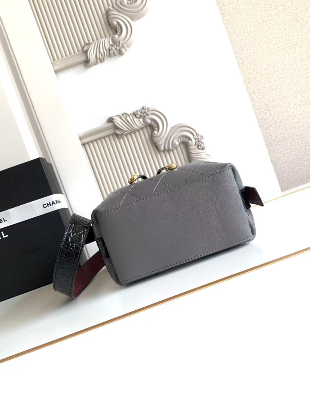 Chanel Small Bucket Bag Calfskin Leather & Gold-Tone Metal Grey AS6537 A