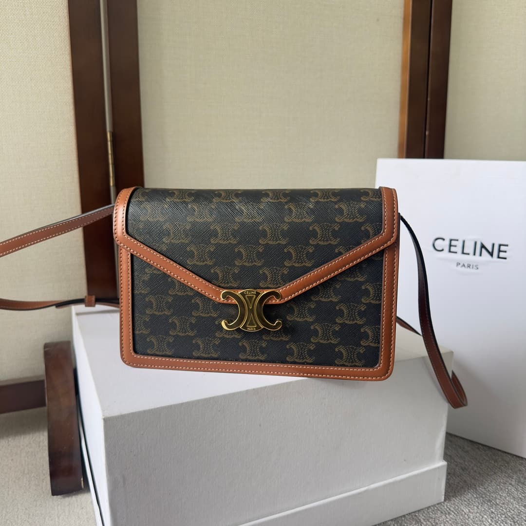 Celine Triomphe Canvas Envelope Crossbody Bag in Tan High