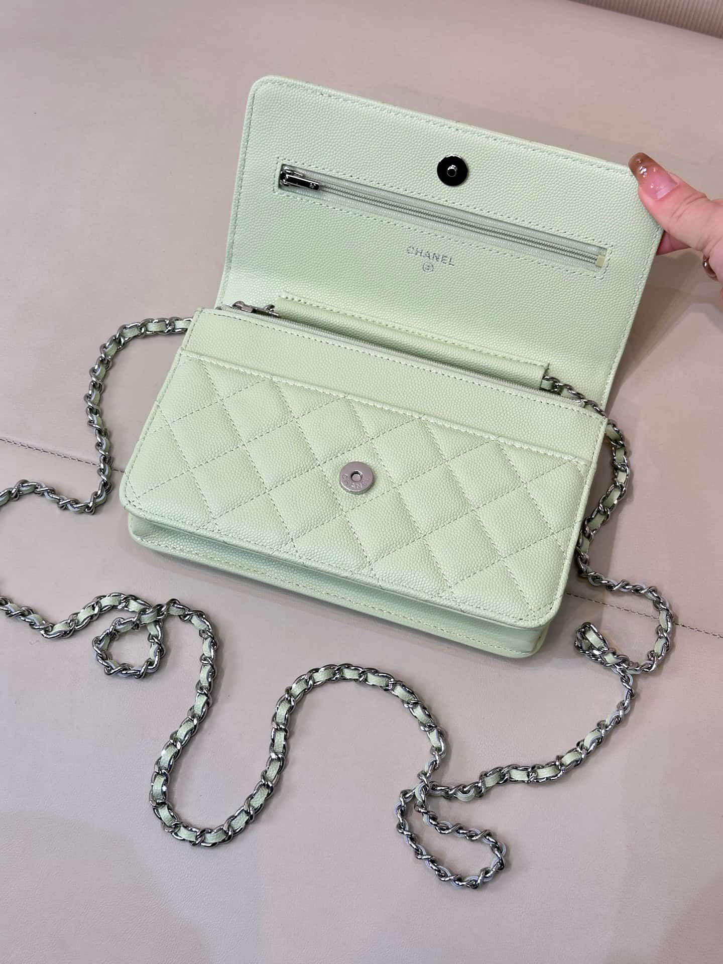 Chanel Wallet on Chain Grained Calfskin& Silver-tone Metal AP0250 Light Green TOP