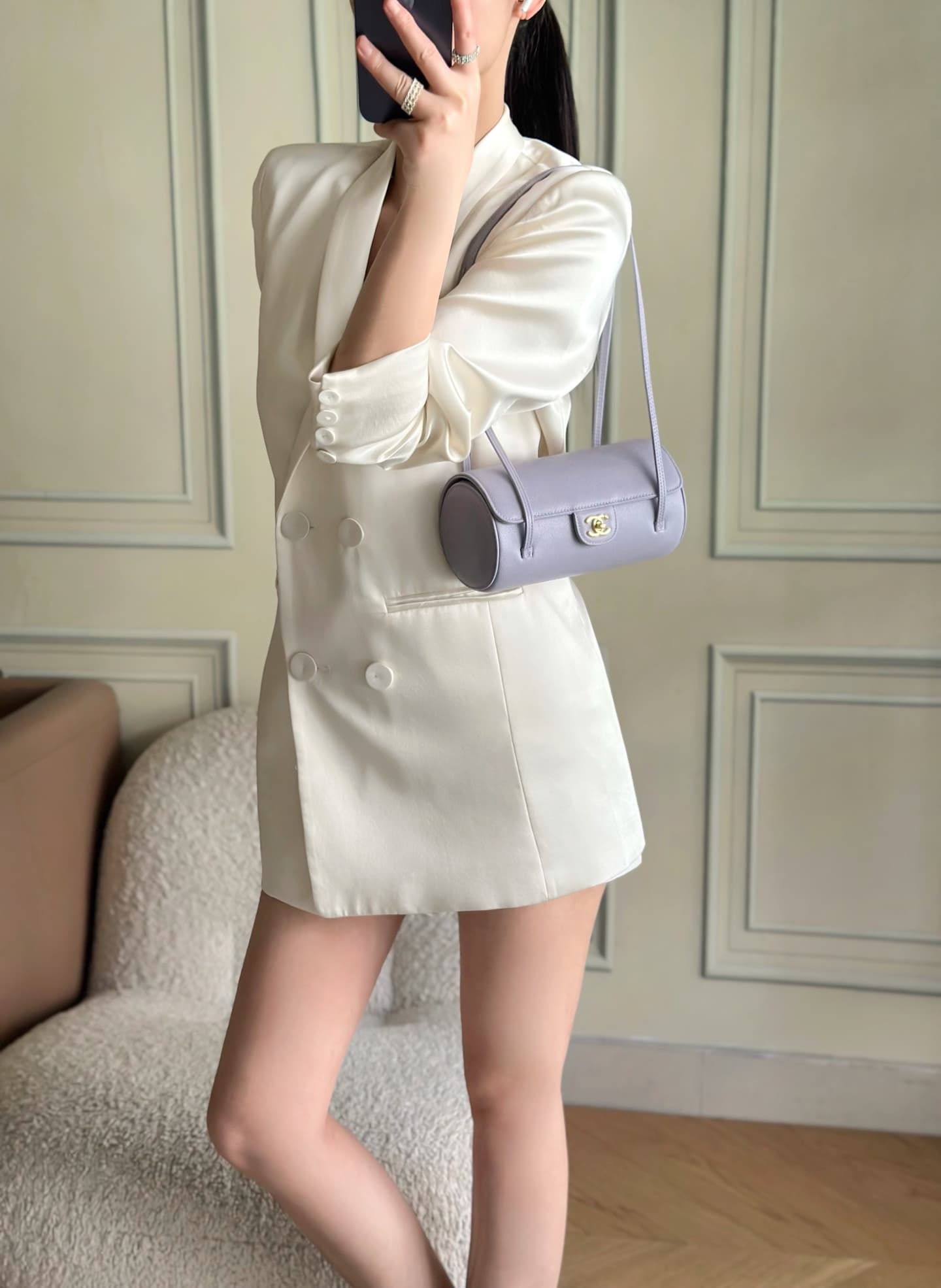 Chanel Small Bowling Bag Grained Shiny Calfskin & Gold-Tone Metal Purple AS6143 High