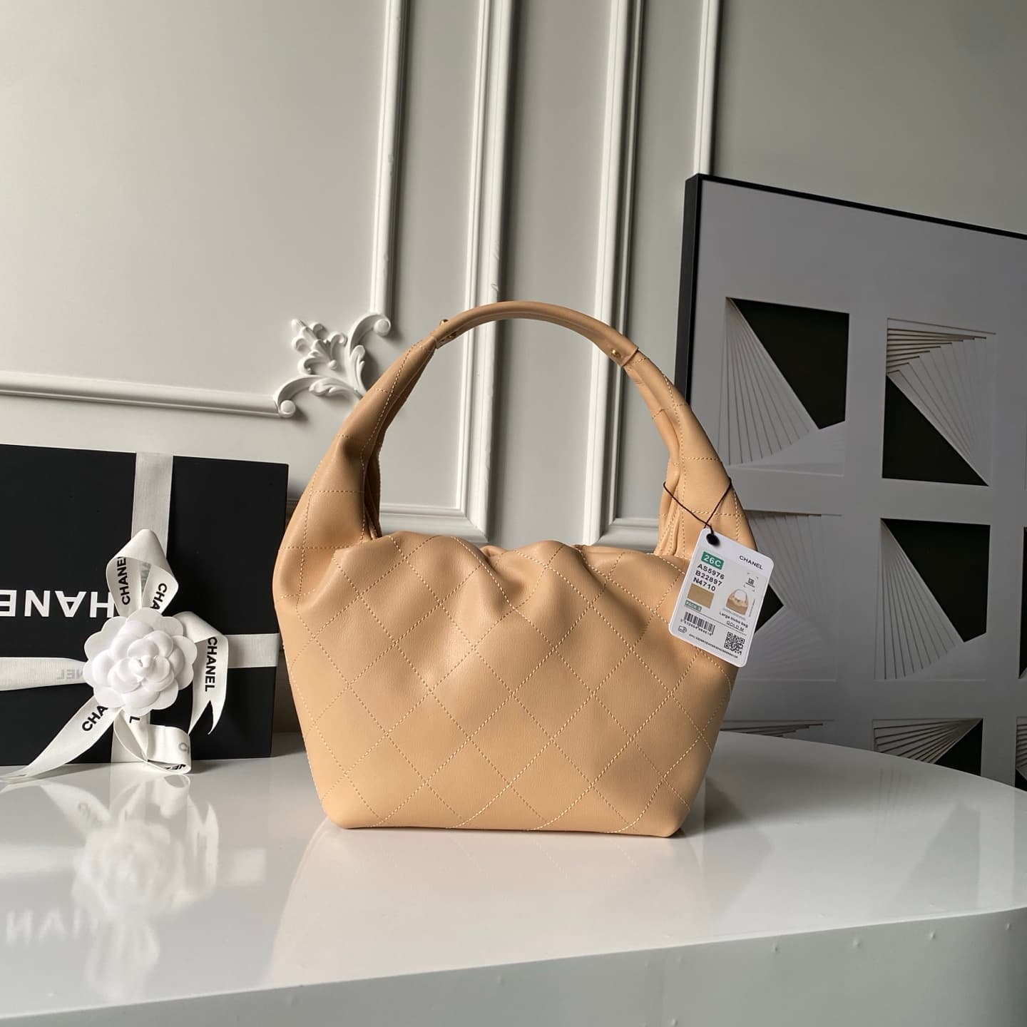 Chanel Hobo Handbag Calfskin & Gold-Tone Metal AS5976 Beige A