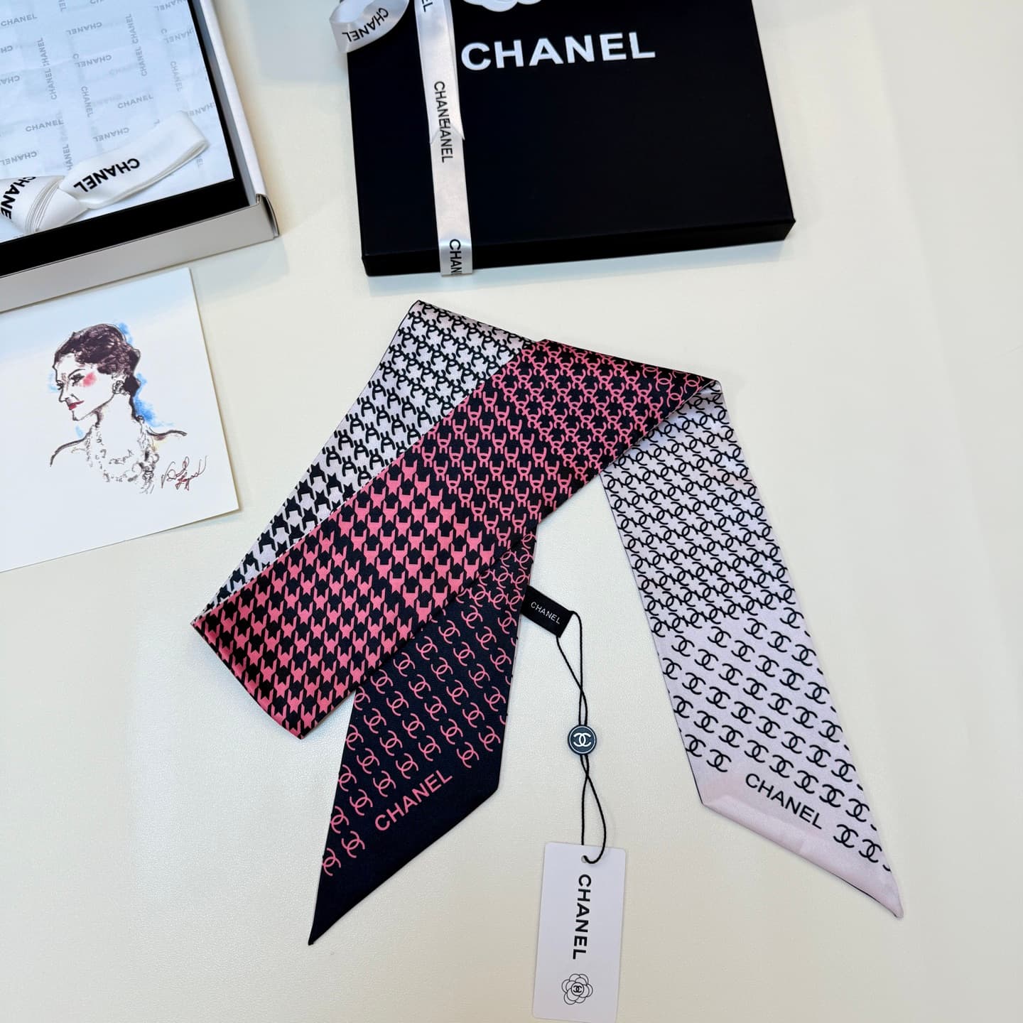 Chanel Silk Twill Houndstooth Slim Bandeau Scarf