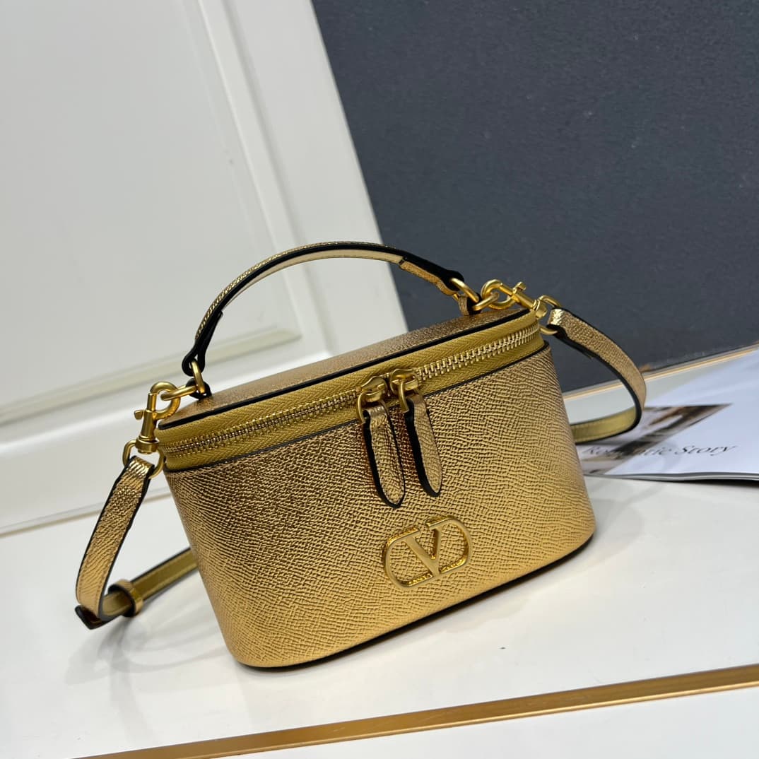 Valentino Garavani VLogo Signature Mini Vanity Bag in Gold Calfskin Mid