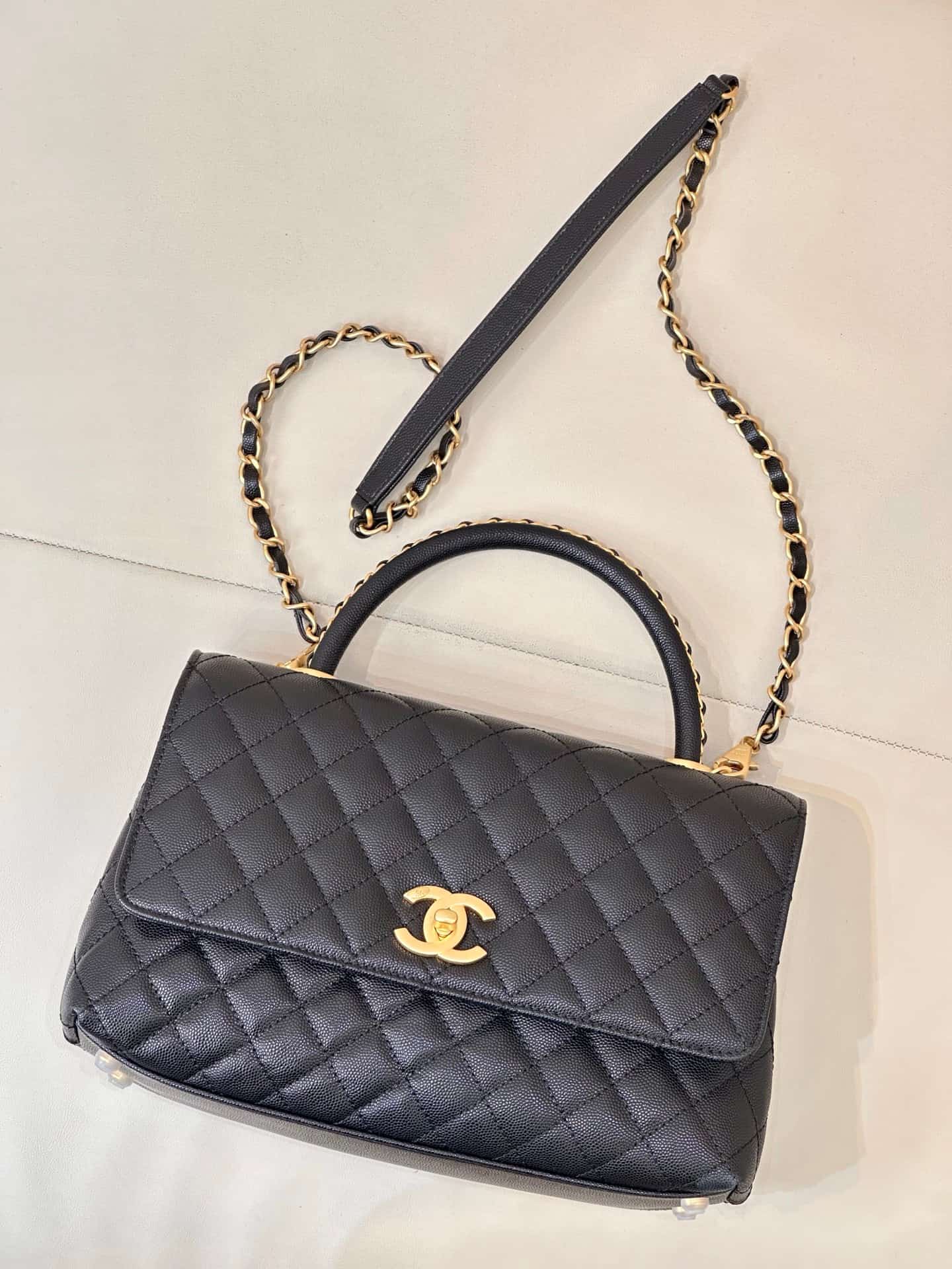 Chanel Medium FLAP BAG WITH TOP HANDLE Grained Calfskin Gold Metal A92991 TOP