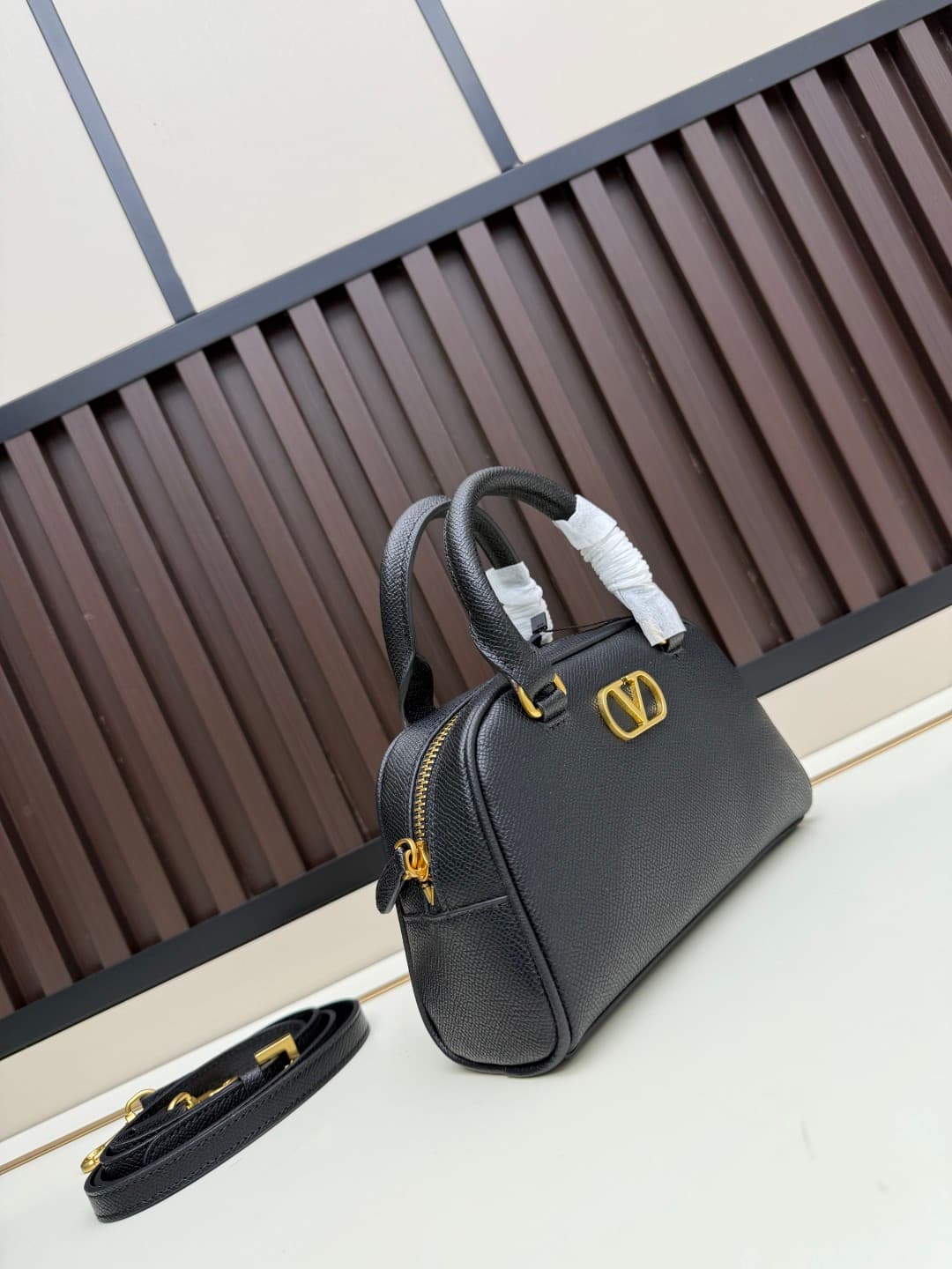 Valentino VLogo Signature Mini Bowling Bag in Grainy Calfskin Black High
