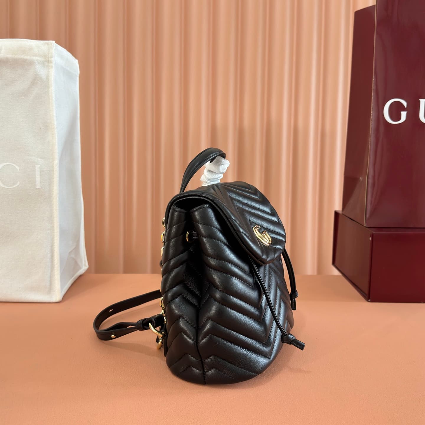 Gucci GG Marmont Mini Backpack Black Matelassé Chevron Nappa Leather 855921 High
