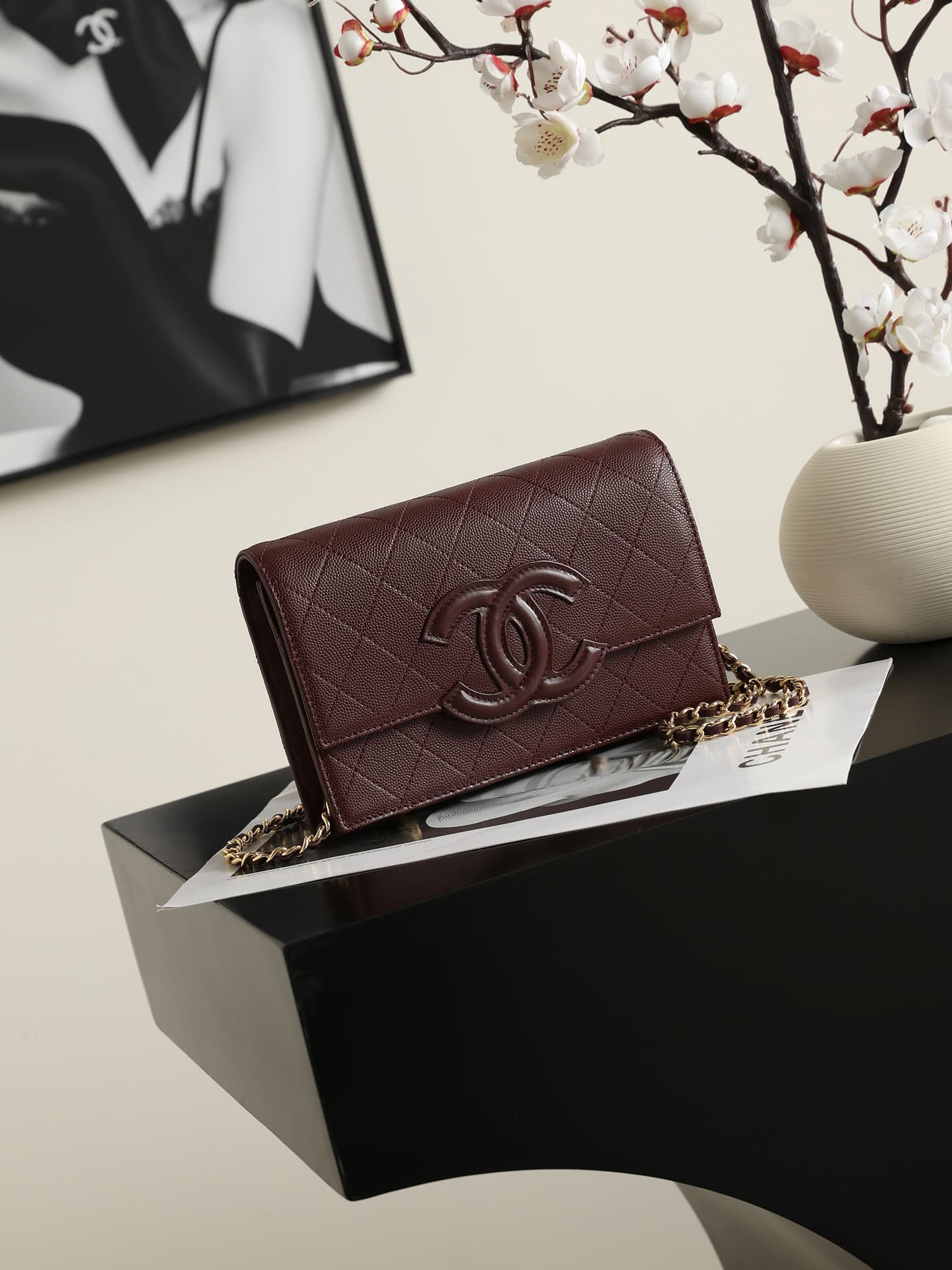 Chanel Wallet on Chain Shiny Grained Calfskin Lambskin & Gold-Tone Metal Burgundy AP5455 A