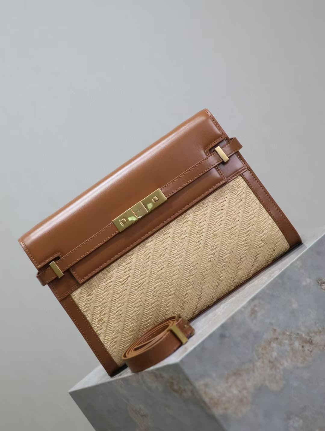 MANHATTAN SHOULDER BAG IN RAFFIA AND SMOOTH LEATHER High