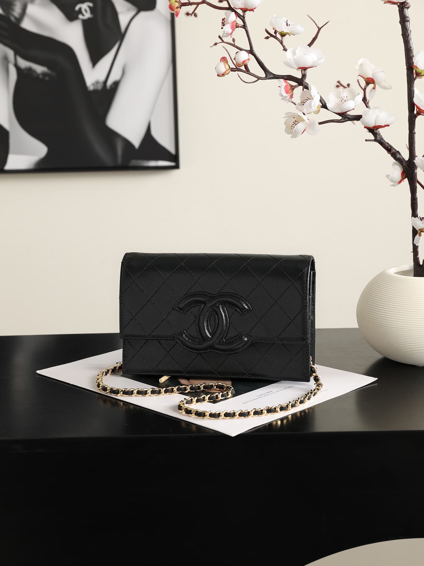 Chanel Wallet on Chain Shiny Grained Calfskin Lambskin & Gold-Tone Metal Black AP5455 A