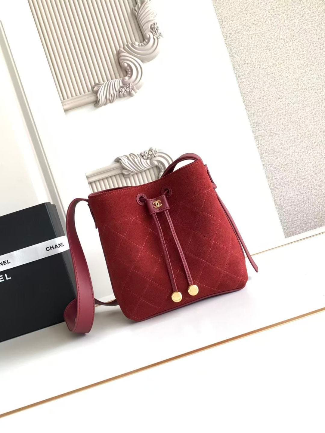 Chanel Small Bucket Bag Suede Calfskin & Gold-Tone Metal Burgundy AS6537 A