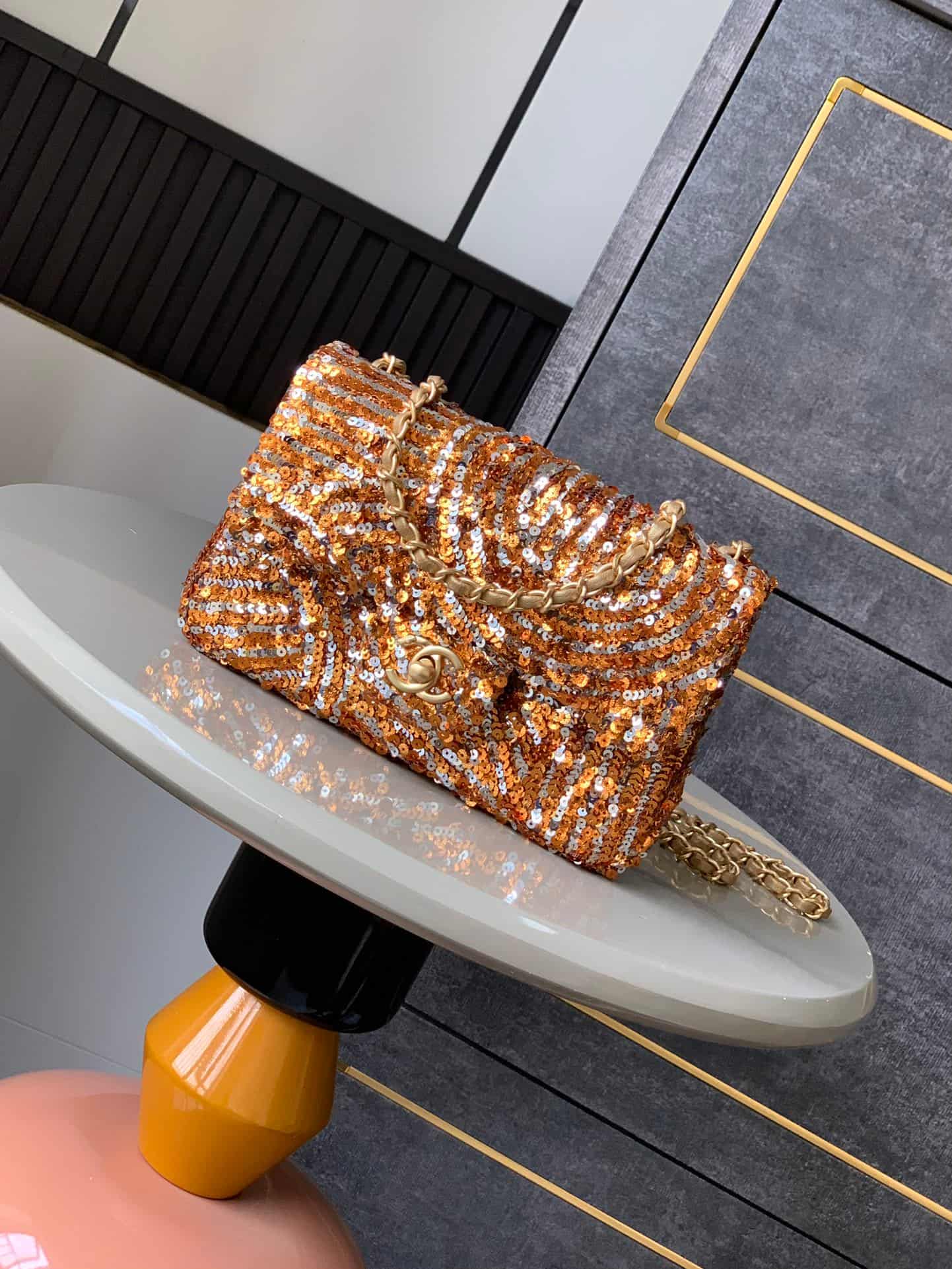 Chanel Classic Mini Flap Bag Sequins Embroidery & Gold-Tone Metal Gold 6171 A