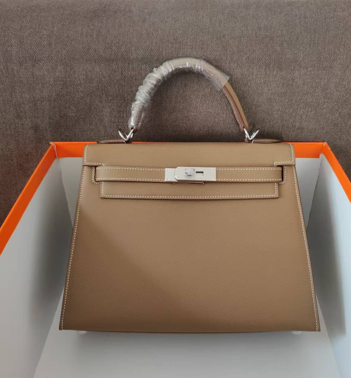 Hermes Kelly 25/28/32cm Sellier Bag Epsom Leather Silver/Gold Metal In Etoupe WAX High