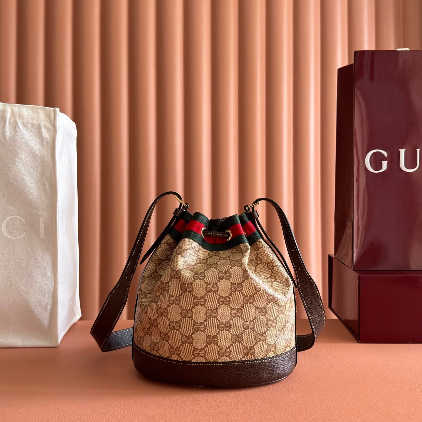 Gucci Mini bucket bag with Web Sand and dark brown GG coated canvas 876060 High