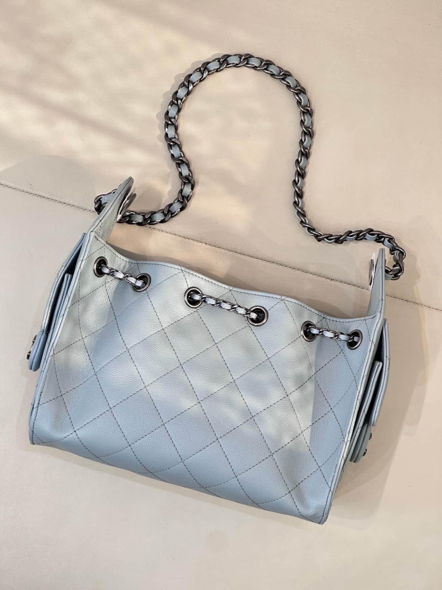 CHANEL 25 Mini Handbag AS5631 Grained Calfskin & Black & Silver-Tone Metal Light Blue TOP