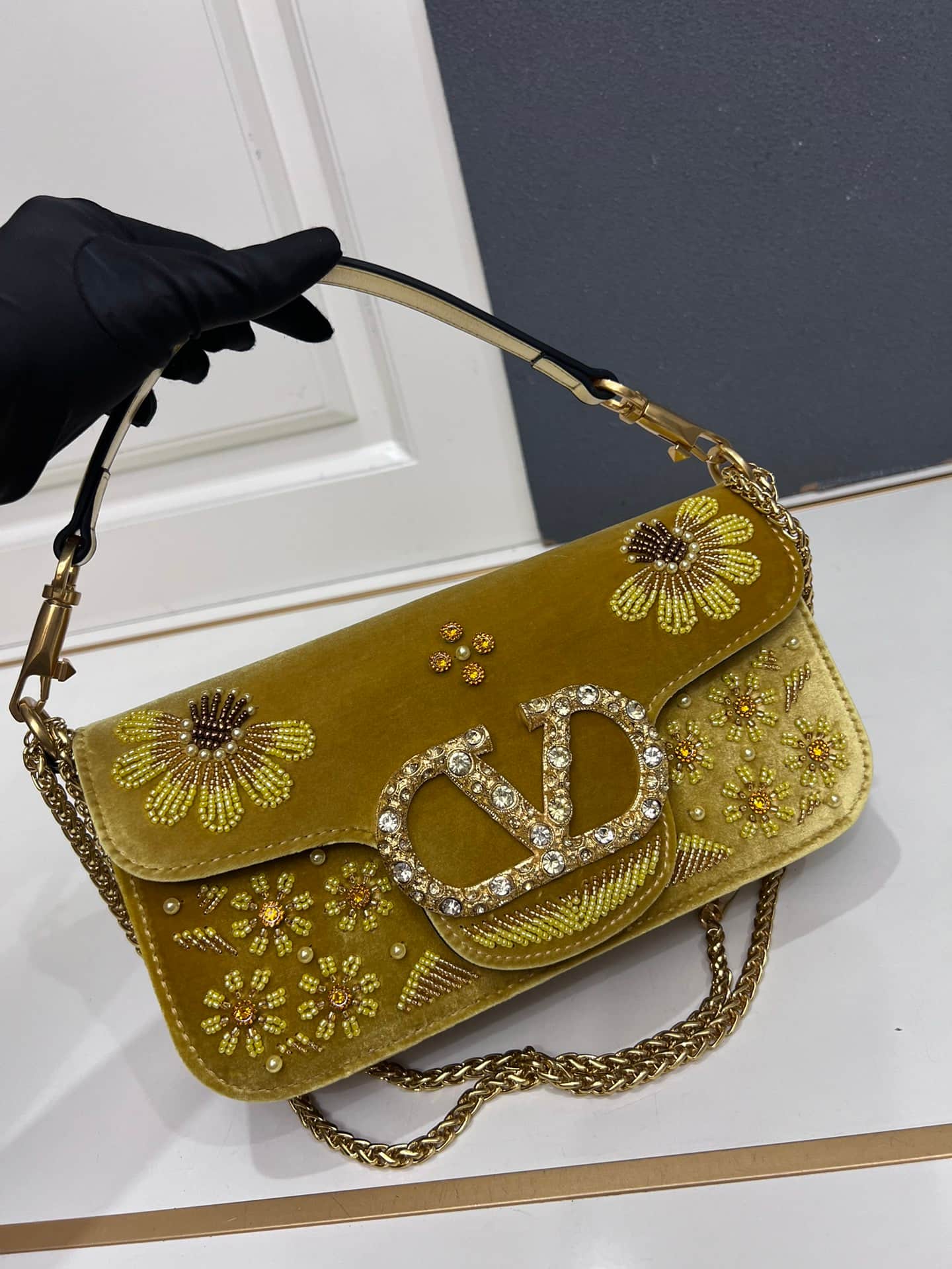 Valentino Garavani DeVain Embroidered Velvet Shoulder Bag Mid
