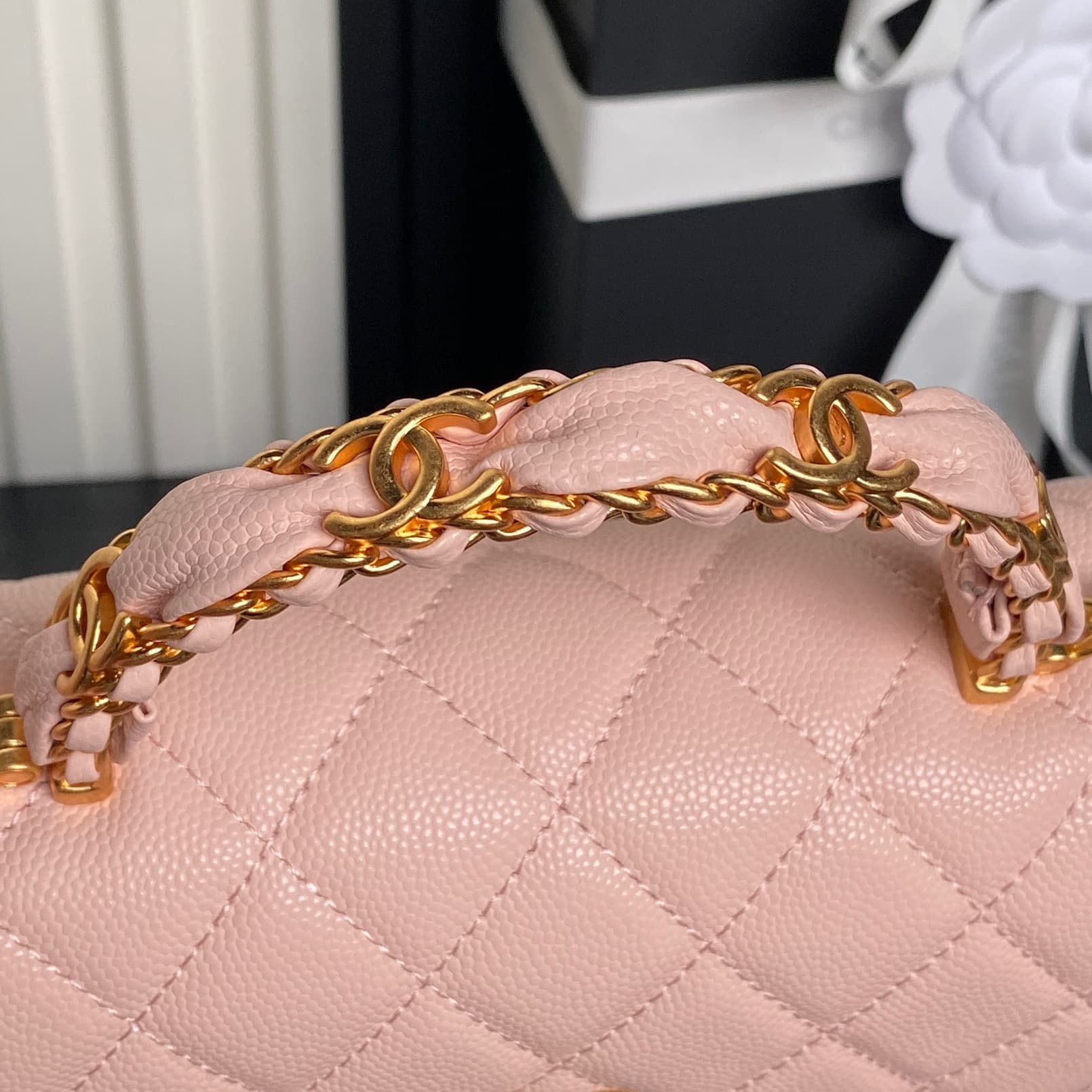 Chanel Mini Flap Bag with Top Handle Grained Shiny Calfskin & Gold-Tone Metal Pink AP4798 A