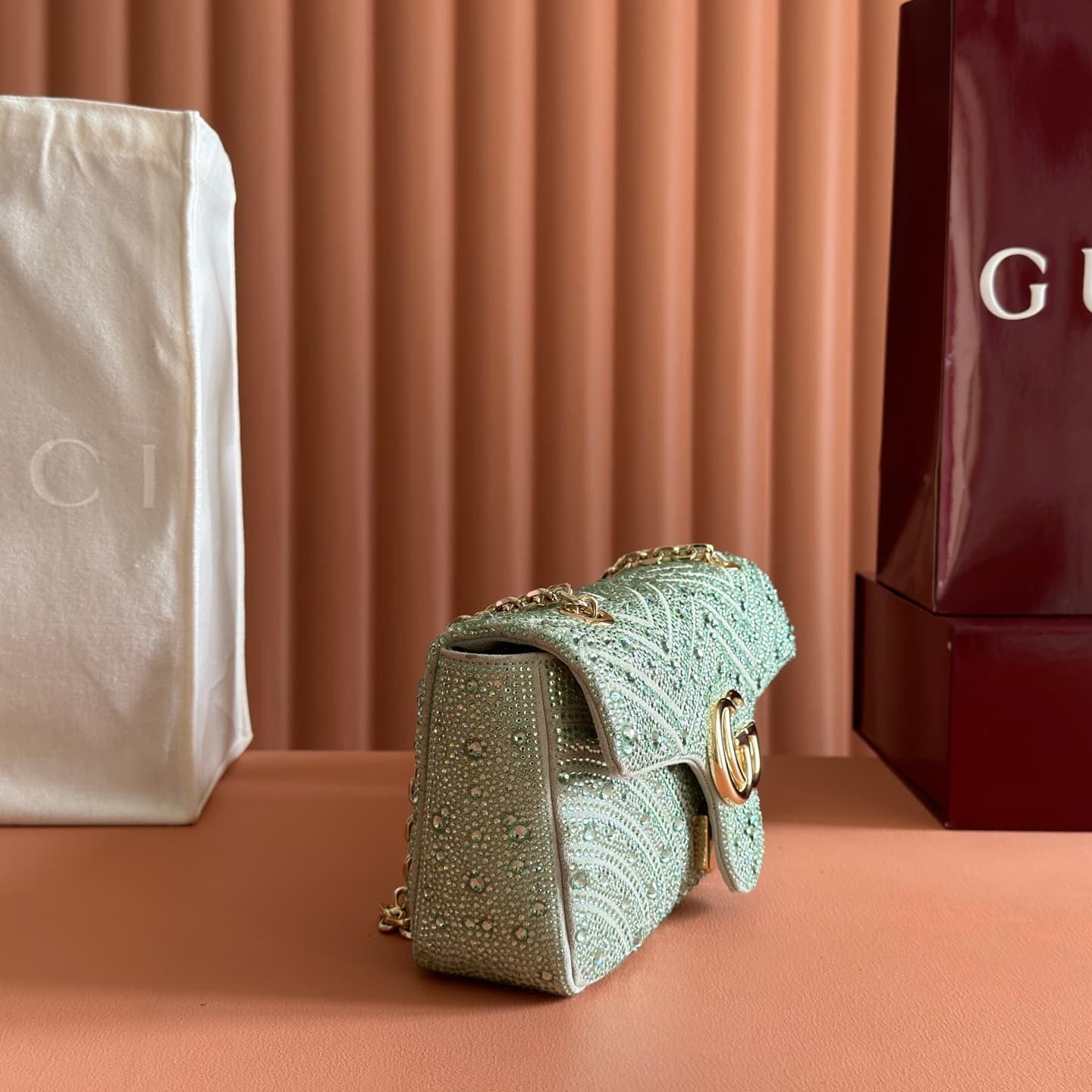 Gucci GG Marmont Shoulder Bag Green / Crystal 837267 High