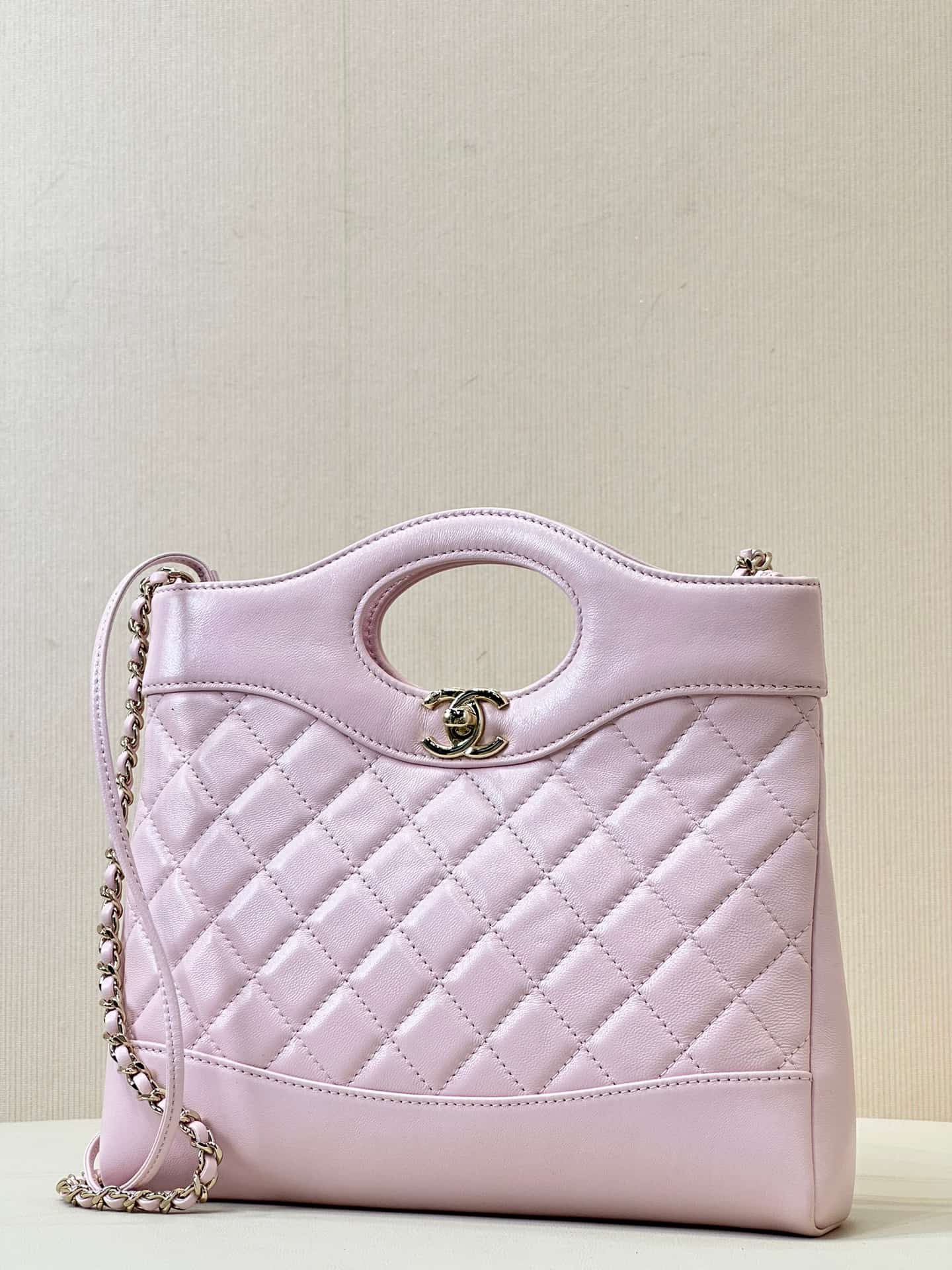 CHANEL 31 Mini Shopping Bag Shiny Lambskin & Gold-Tone Metal AS4133 Pink TOP