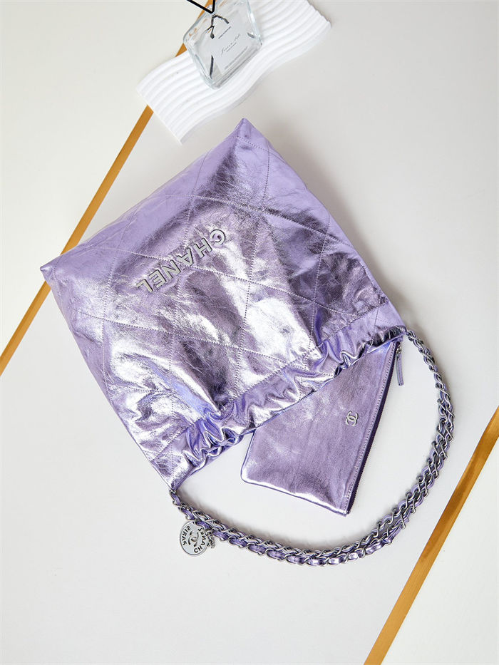 Chanel 22 SMALL HANDBAG Metallic Calfskin & Silver-Tone Metal AS3260 Purple A