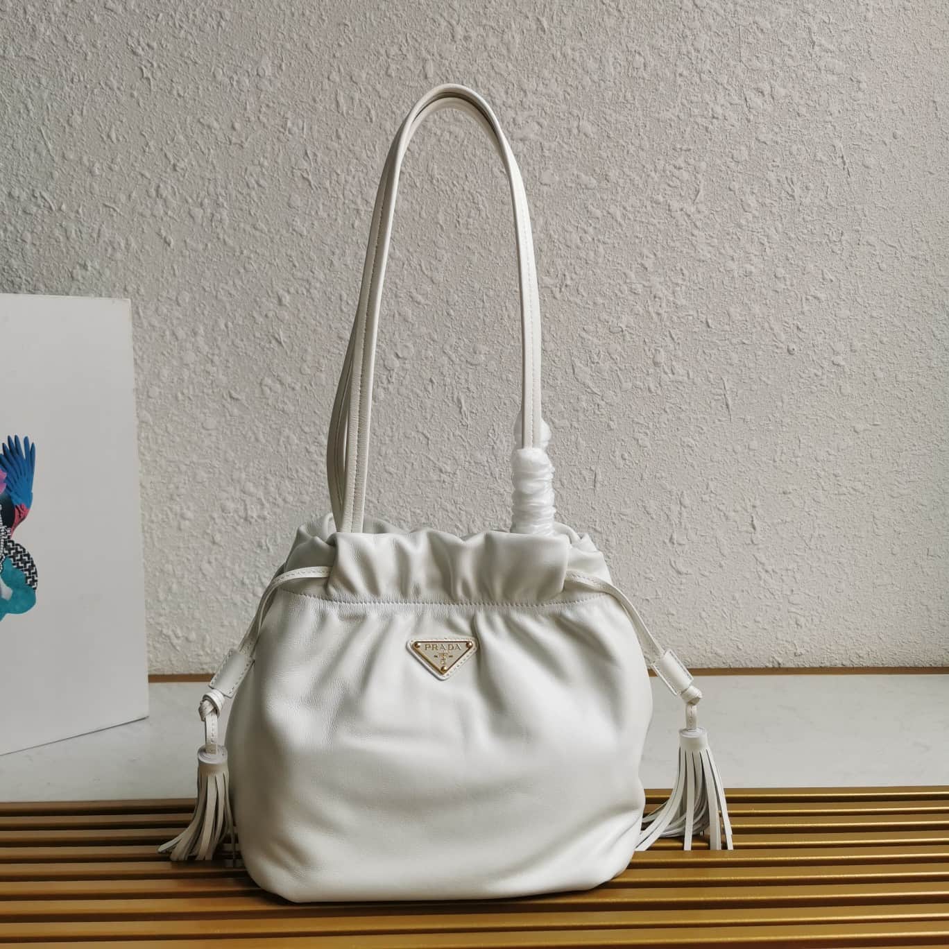 Prada Nappa Drawstring Tote Bag Lambskin White 1BG541 High