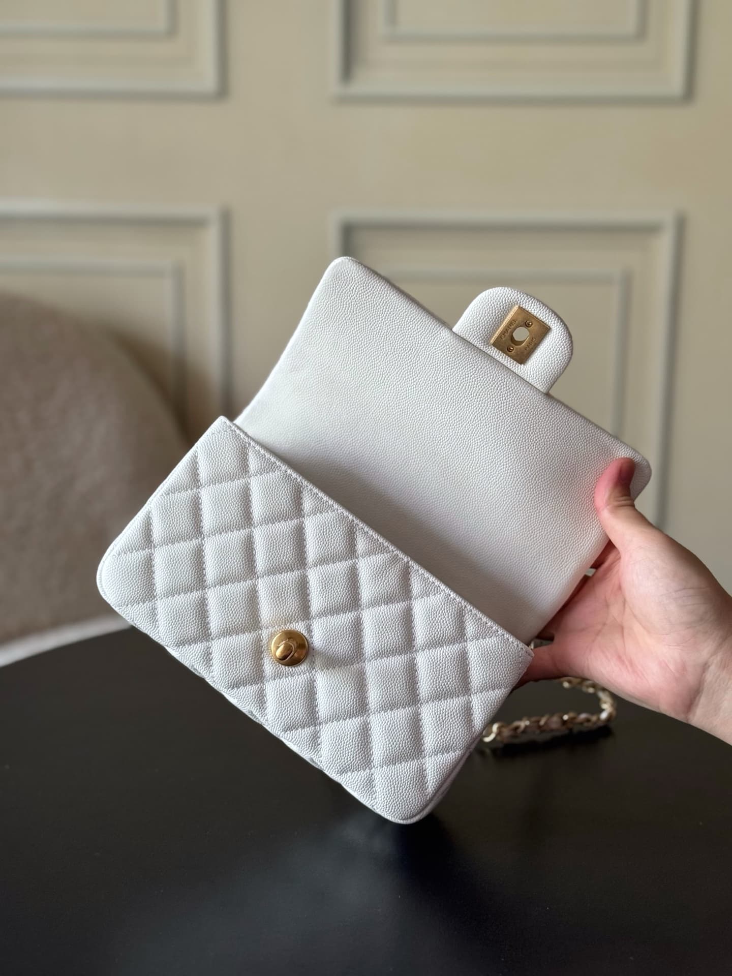 Chanel Mini Flap Bag with Top Handle Grained Shiny Calfskin & Gold-Tone Metal White AS5701 TOP