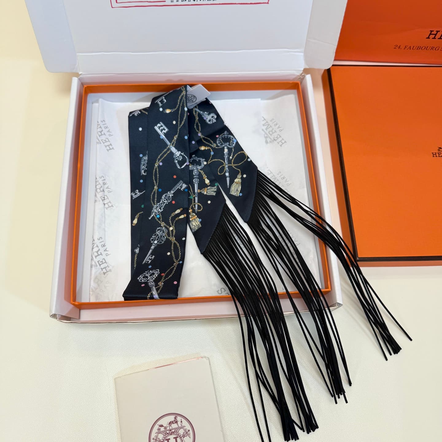 Hermes Les Cles a Pois Fringed Silk Twilly