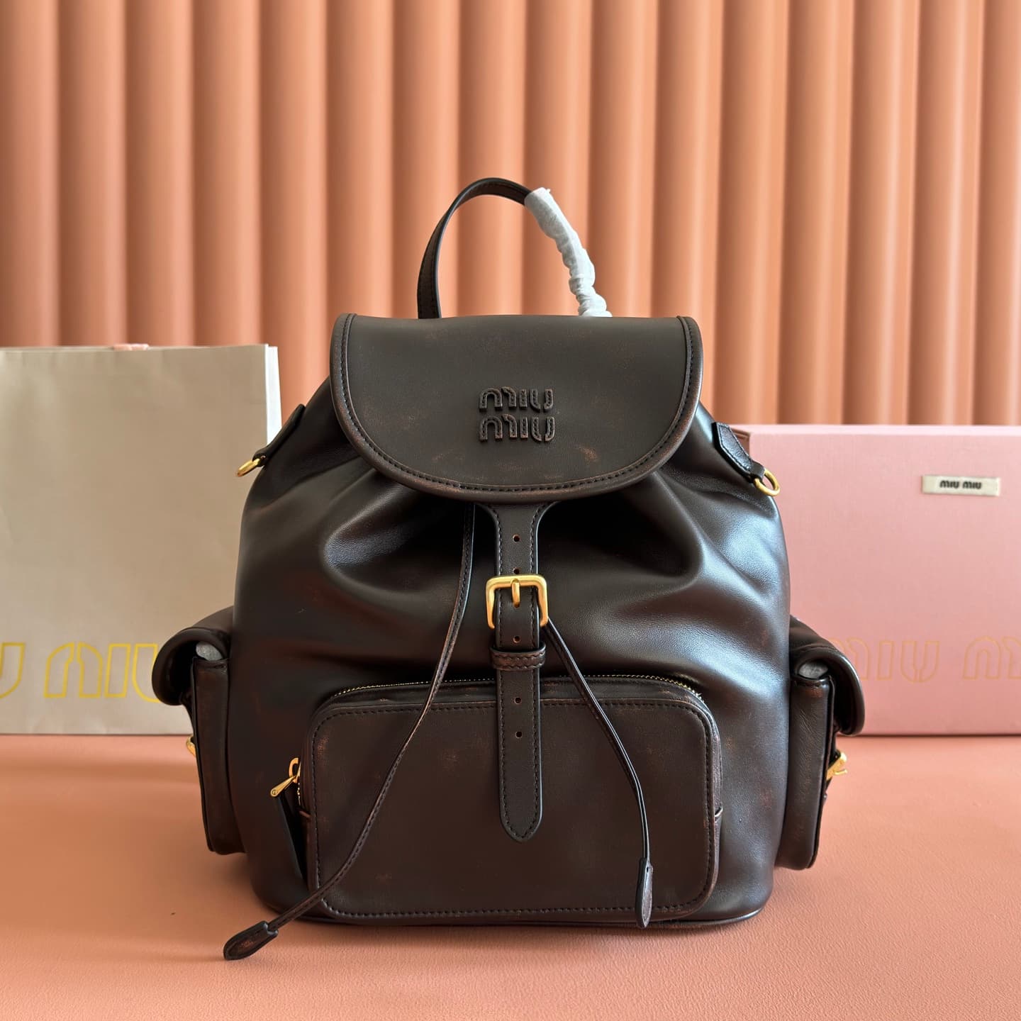 Miu Miu Leather backpack Coffee Calfskin 5BZ042  High