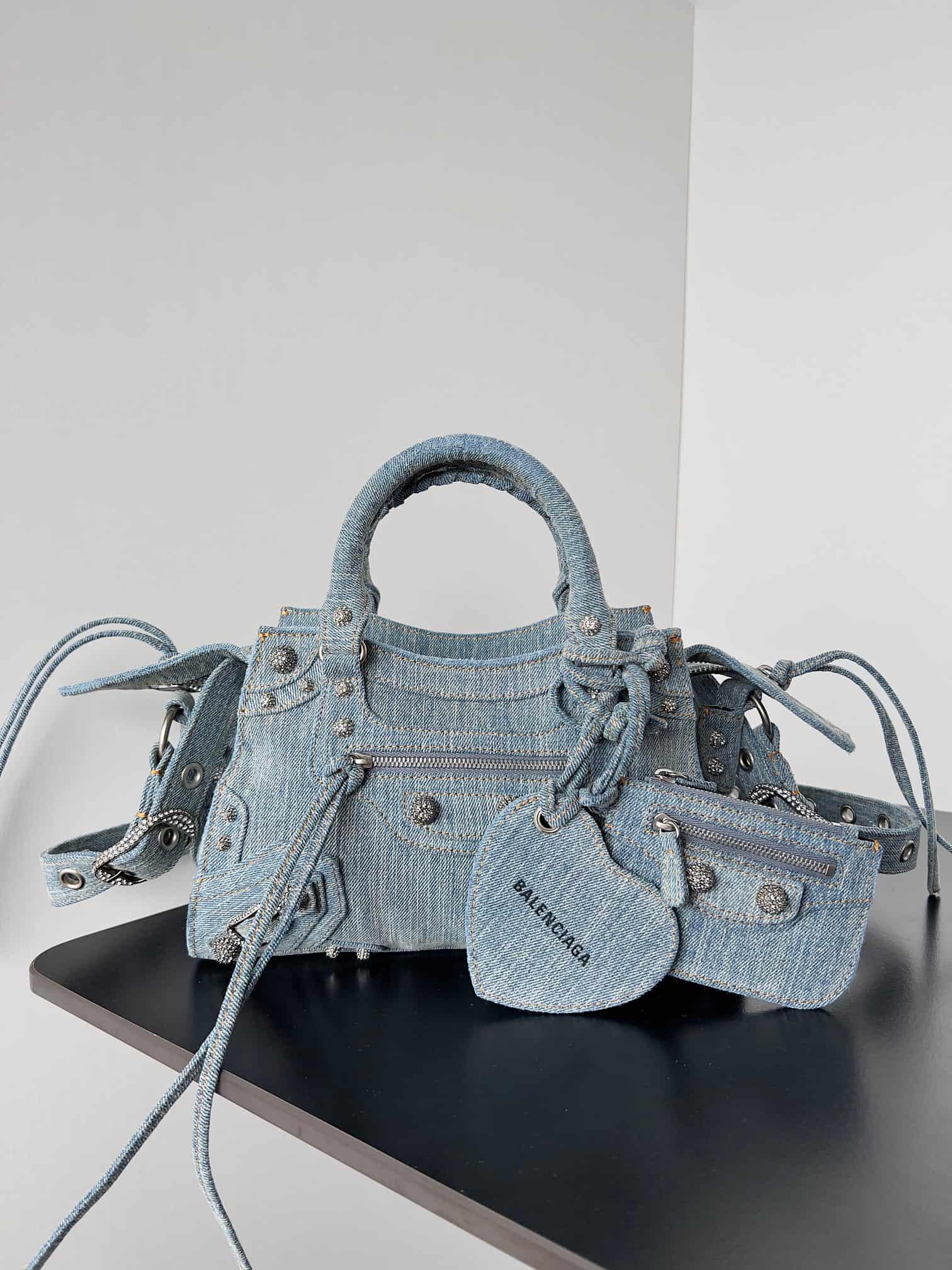 Balenciaga Small Neo Cagole City bag in Washed Frayed Denim with crystal High