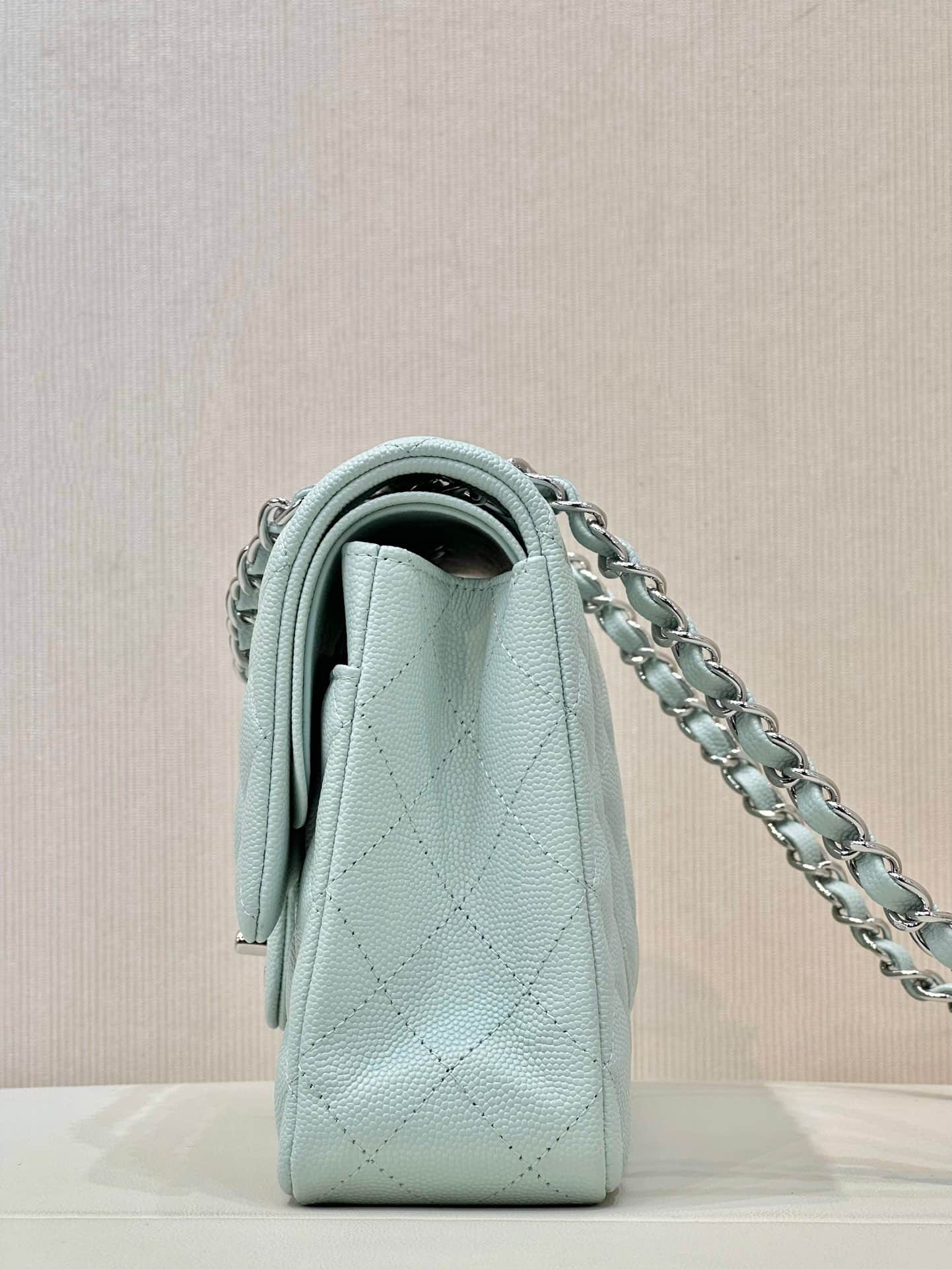 Chanel Medium CLASSIC HANDBAG Grained  Calfskin & Silver-Tone Metal Light Blue TOP