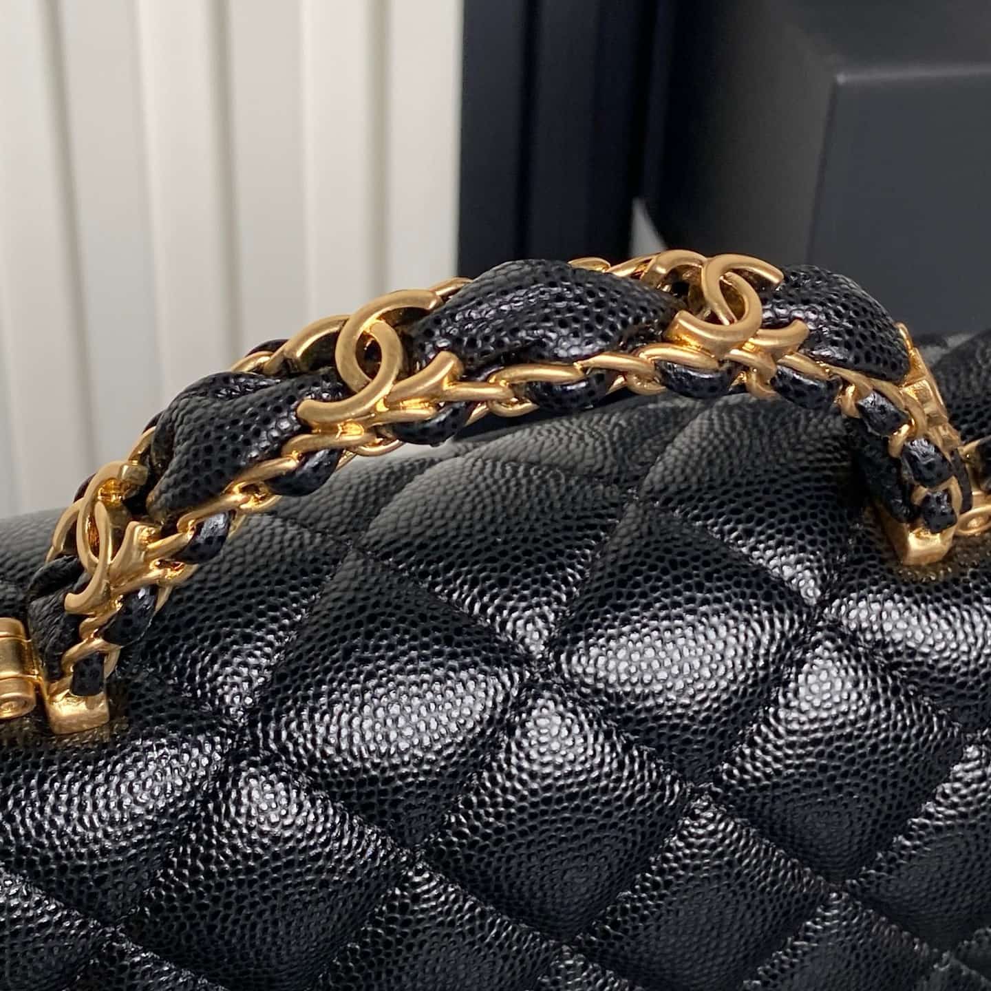 Chanel Mini Flap Bag with Top Handle Grained Shiny Calfskin &  Gold-Tone Metal Black AS5702 A